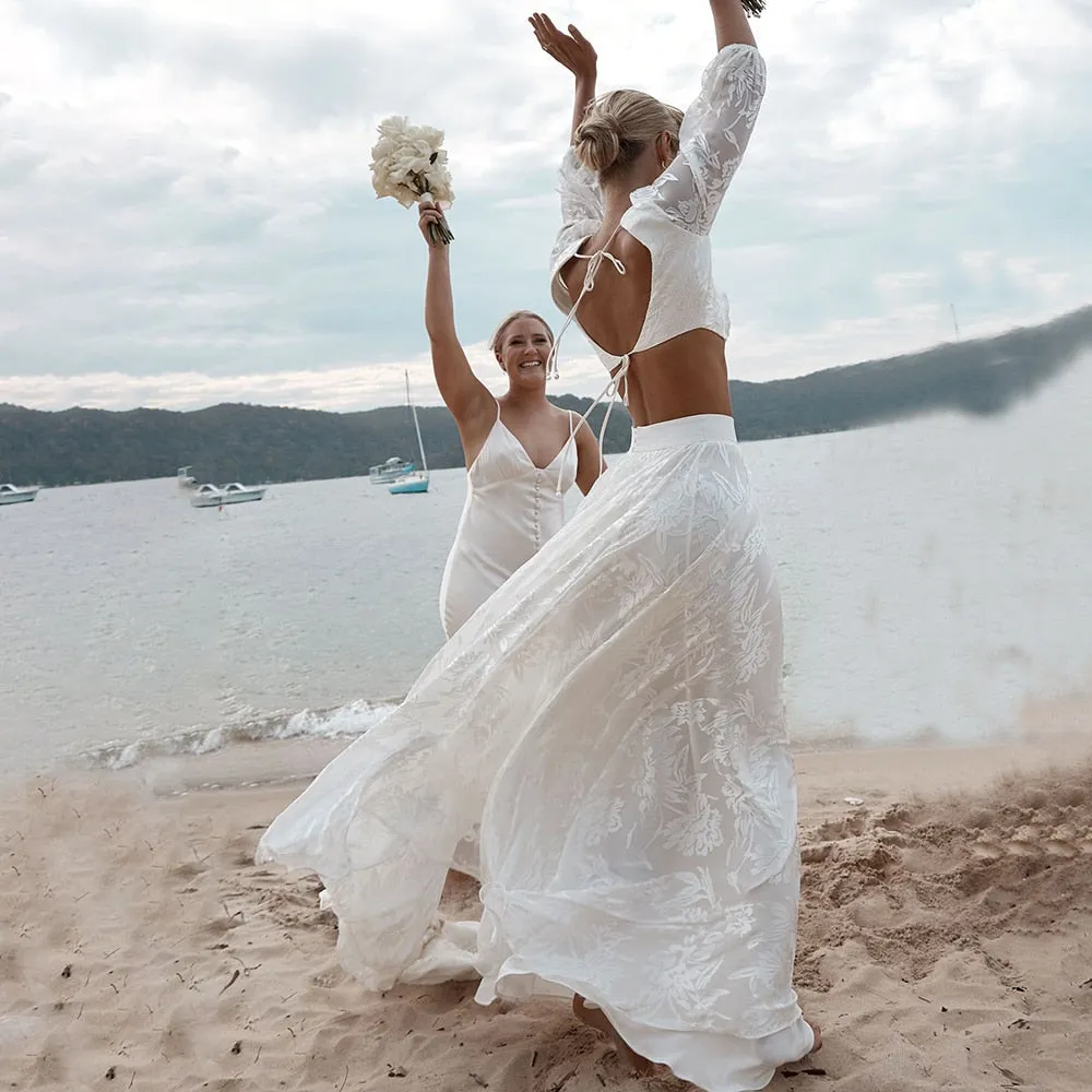 Luolandi Lace Two Pieces Square Neck 3/4 Puffy Sleeve Beach Bohemian Wedding Dresses Sexy