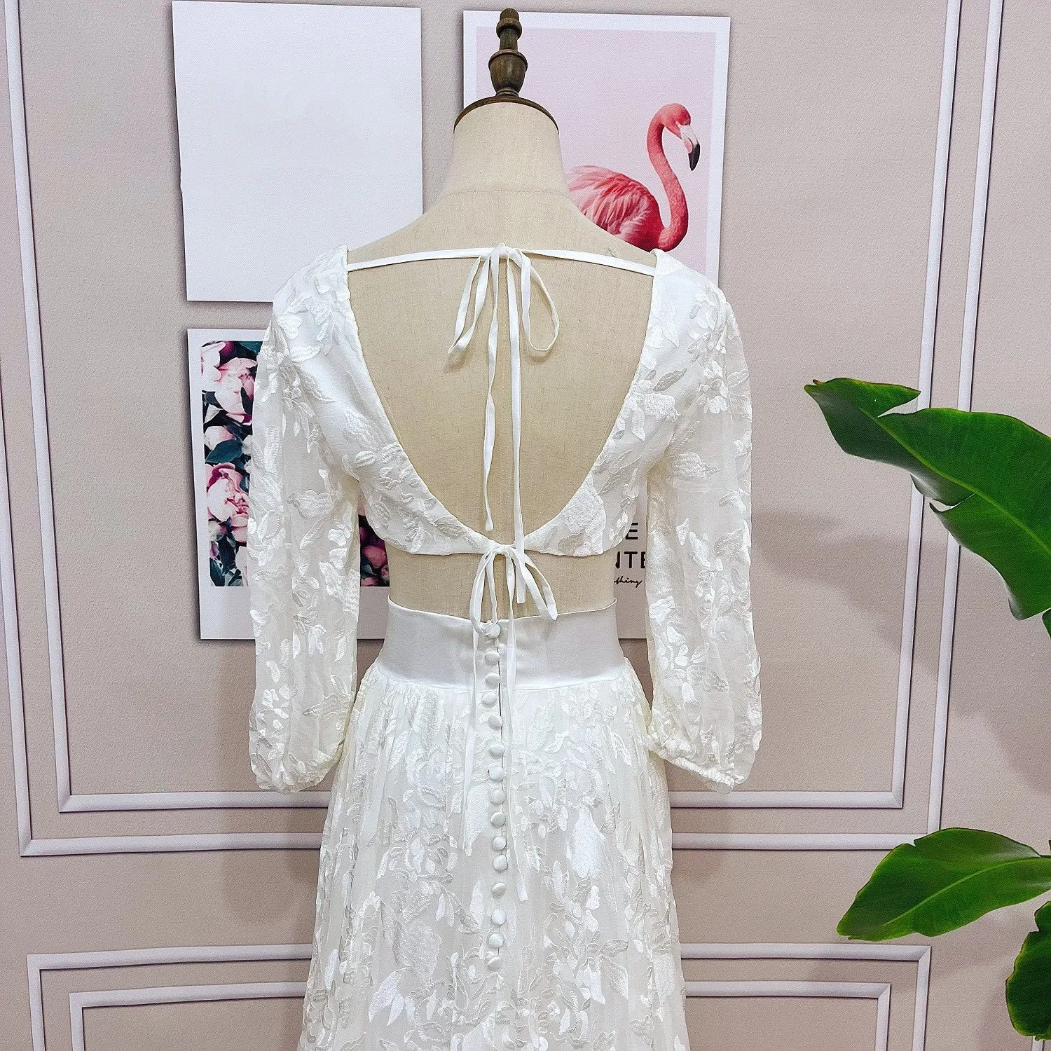 Luolandi Lace Two Pieces Square Neck 3/4 Puffy Sleeve Beach Bohemian Wedding Dresses Sexy
