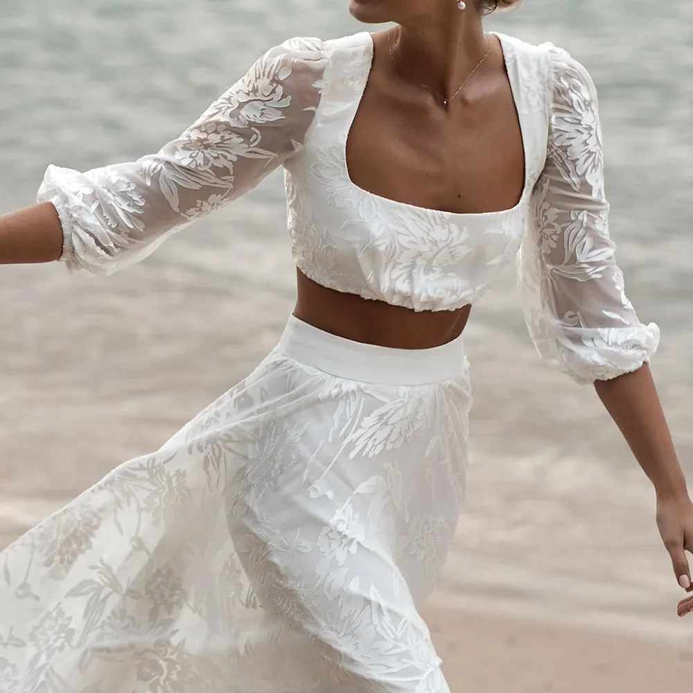 Luolandi Lace Two Pieces Square Neck 3/4 Puffy Sleeve Beach Bohemian Wedding Dresses Sexy