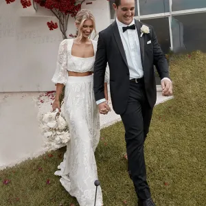 Luolandi Lace Two Pieces Square Neck 3/4 Puffy Sleeve Beach Bohemian Wedding Dresses Sexy