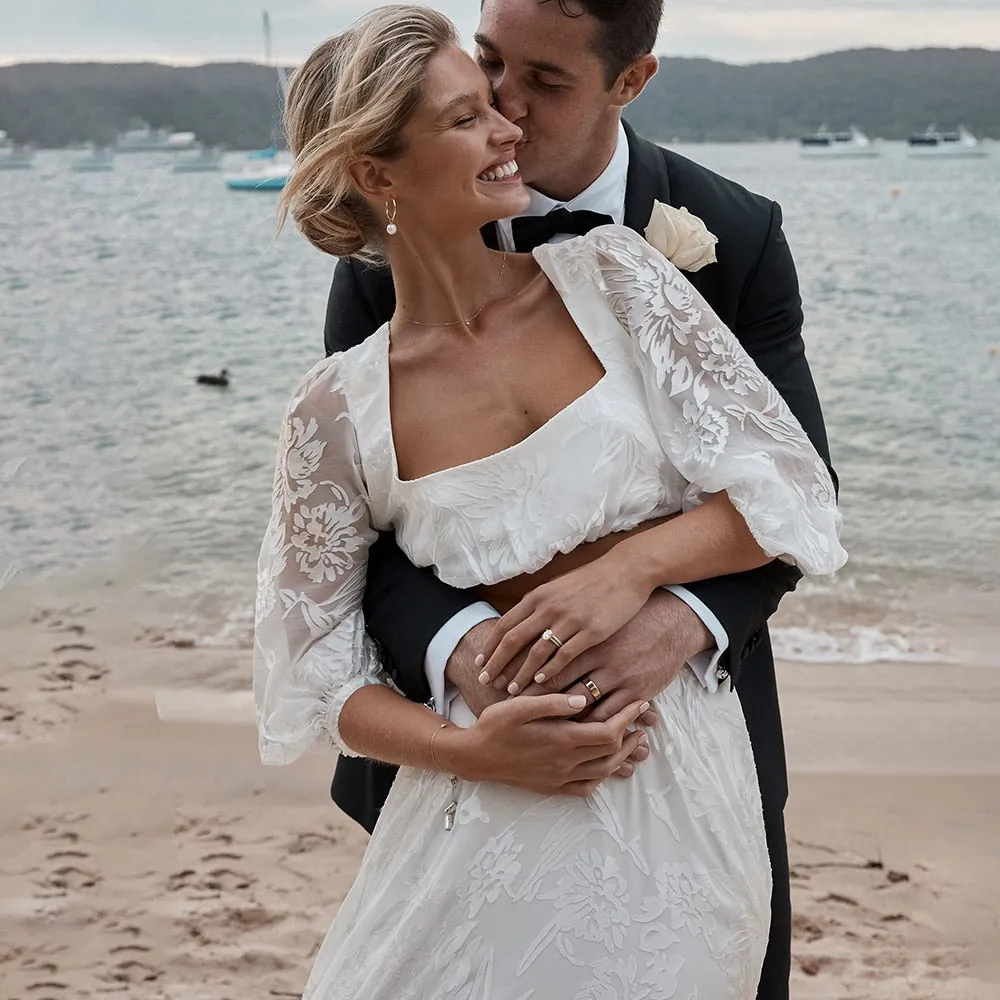 Luolandi Lace Two Pieces Square Neck 3/4 Puffy Sleeve Beach Bohemian Wedding Dresses Sexy