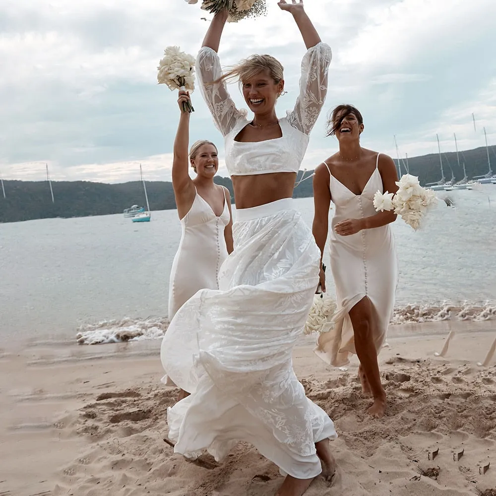 Luolandi Lace Two Pieces Square Neck 3/4 Puffy Sleeve Beach Bohemian Wedding Dresses Sexy