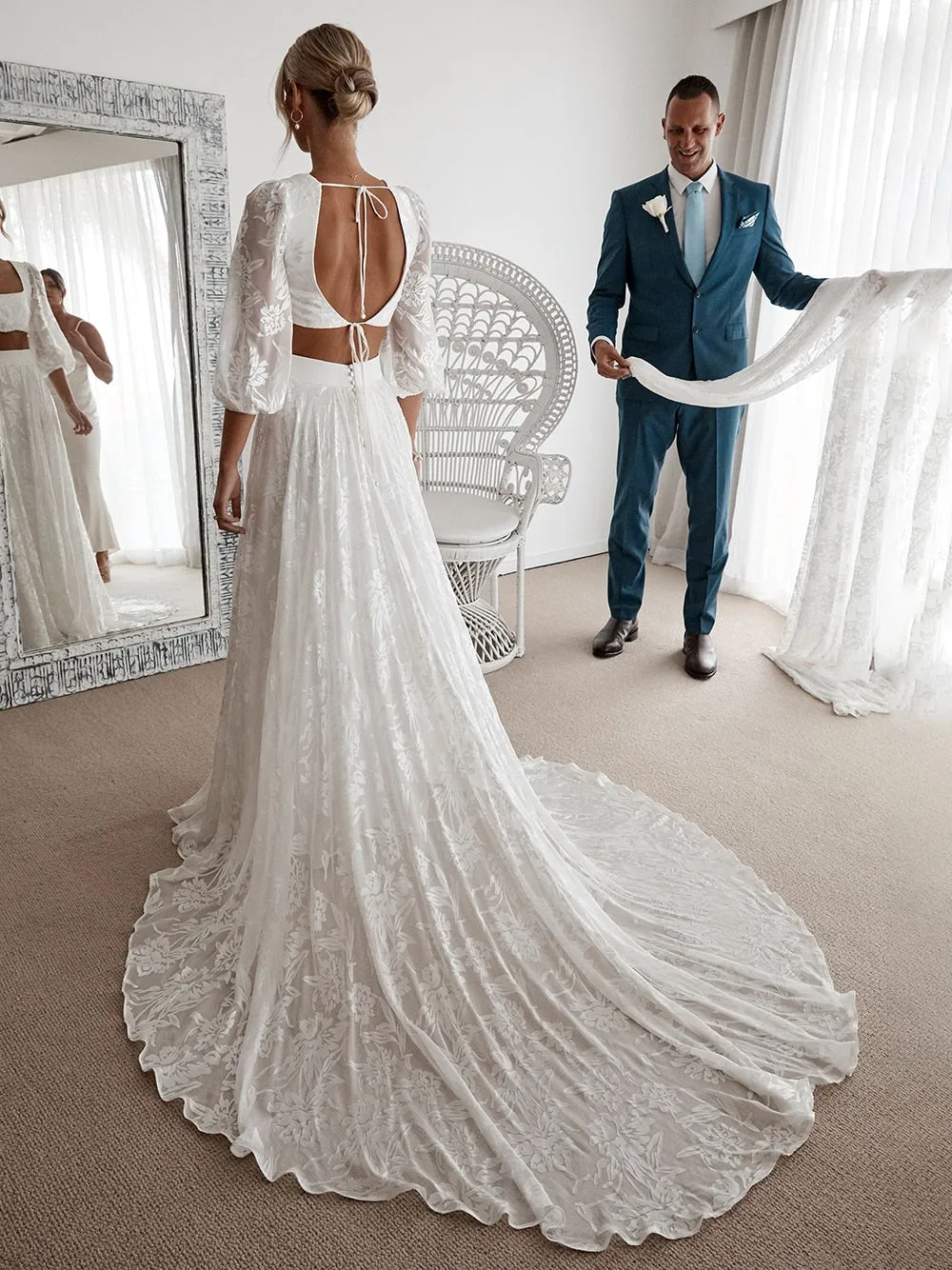 Luolandi Lace Two Pieces Square Neck 3/4 Puffy Sleeve Beach Bohemian Wedding Dresses Sexy