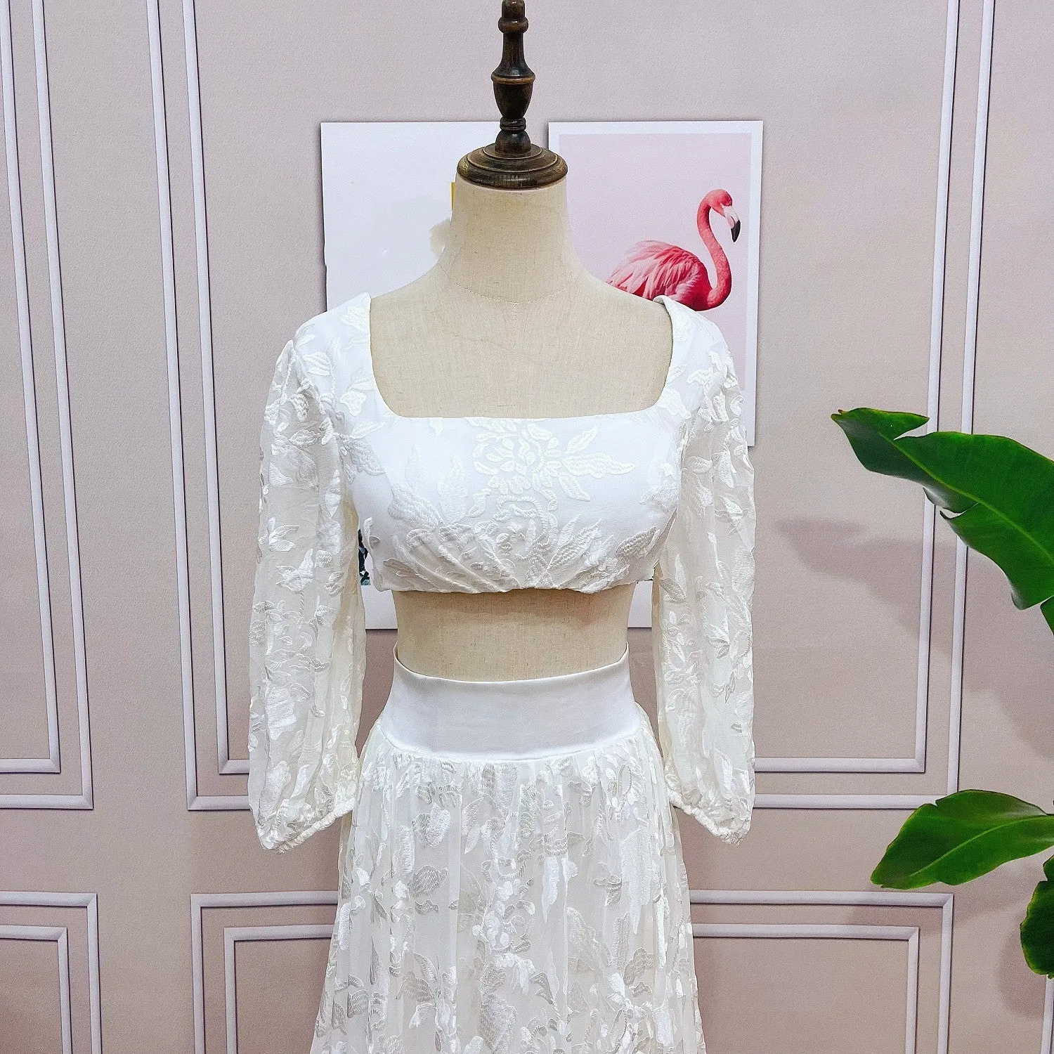 Luolandi Lace Two Pieces Square Neck 3/4 Puffy Sleeve Beach Bohemian Wedding Dresses Sexy