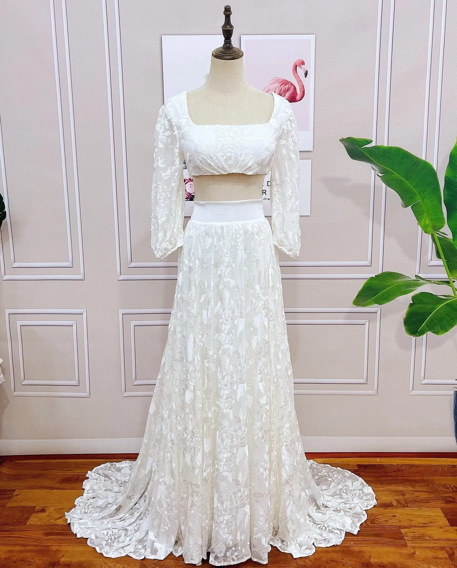 Luolandi Lace Two Pieces Square Neck 3/4 Puffy Sleeve Beach Bohemian Wedding Dresses Sexy