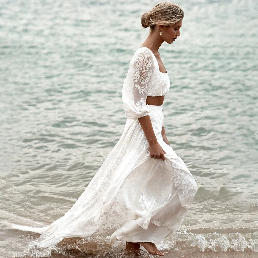 Luolandi Lace Two Pieces Square Neck 3/4 Puffy Sleeve Beach Bohemian Wedding Dresses Sexy