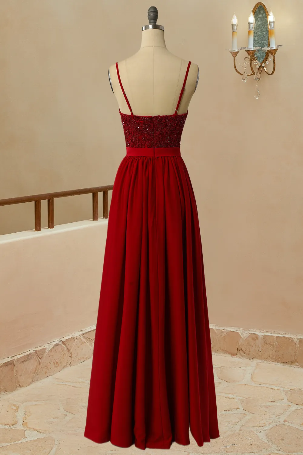 Luolandi Sexy Slit Burgundy Spaghetti Straps Sweetheart Long Prom Dresses Evening Dresses