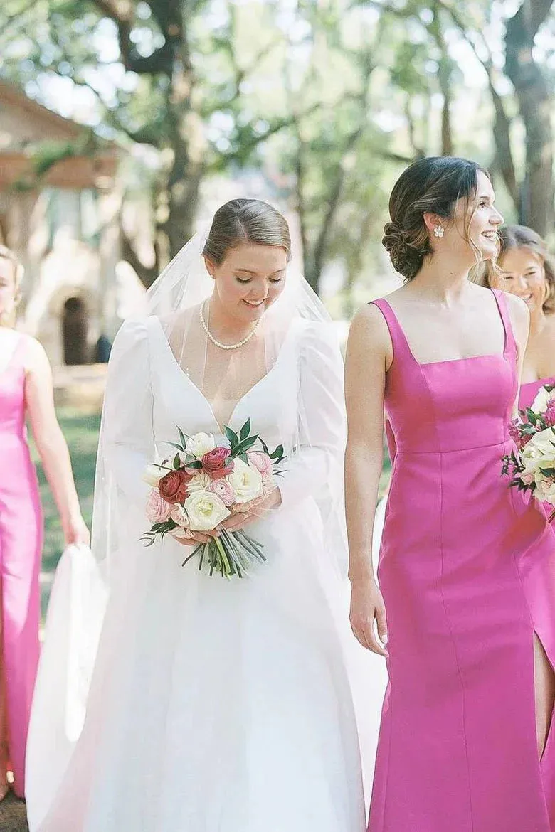 Luolandi Sheath Square Neck Fuchsia Satin Bridesmaid Dresses with Bow Charming Evening Party Dress