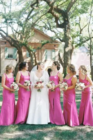 Luolandi Sheath Square Neck Fuchsia Satin Bridesmaid Dresses with Bow Charming Evening Party Dress