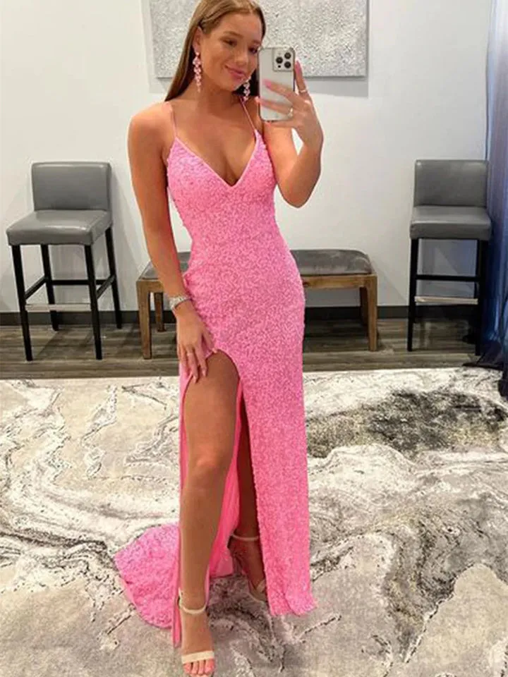 Luolandi Shiny Mermaid V Neck Spaghetti Straps Pink Long Detachable Prom Dresses With Slit Sexy