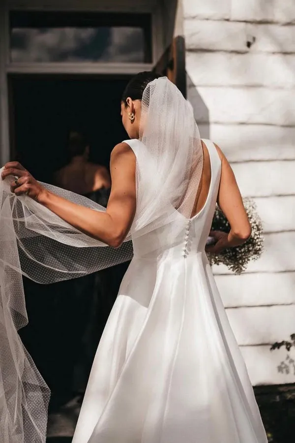 Luolandi Simple A-Line Square Neck White Satin Wedding Dresses Sexy
