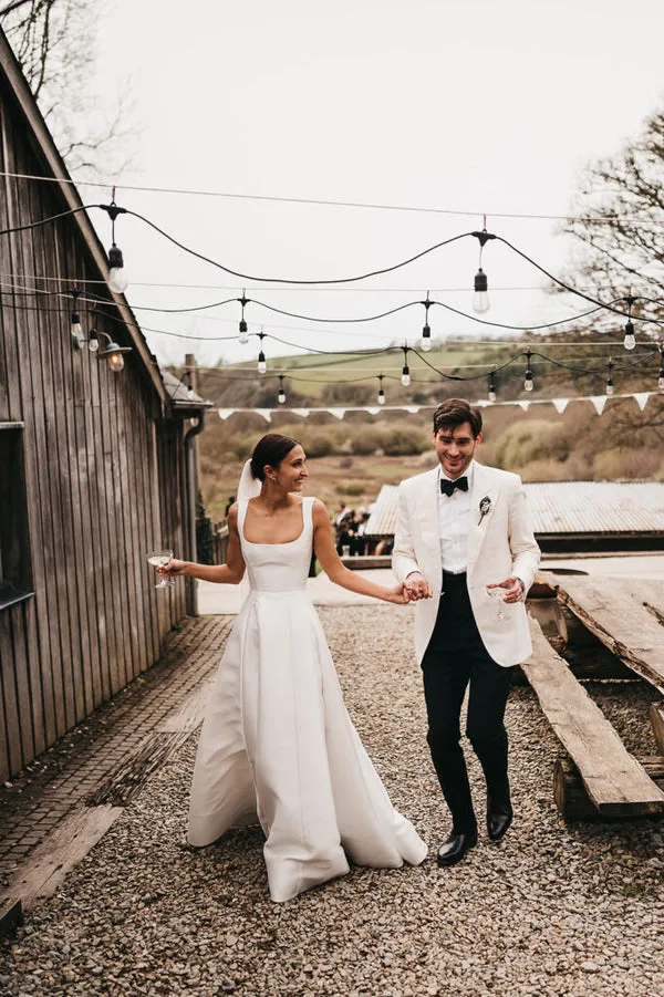 Luolandi Simple A-Line Square Neck White Satin Wedding Dresses Sexy