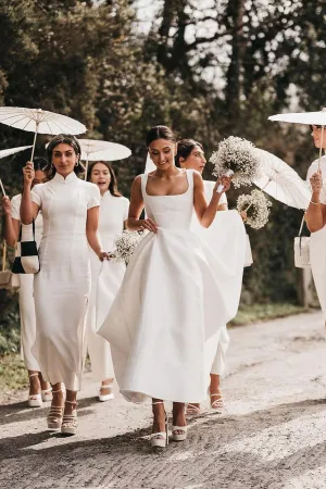 Luolandi Simple A-Line Square Neck White Satin Wedding Dresses Sexy