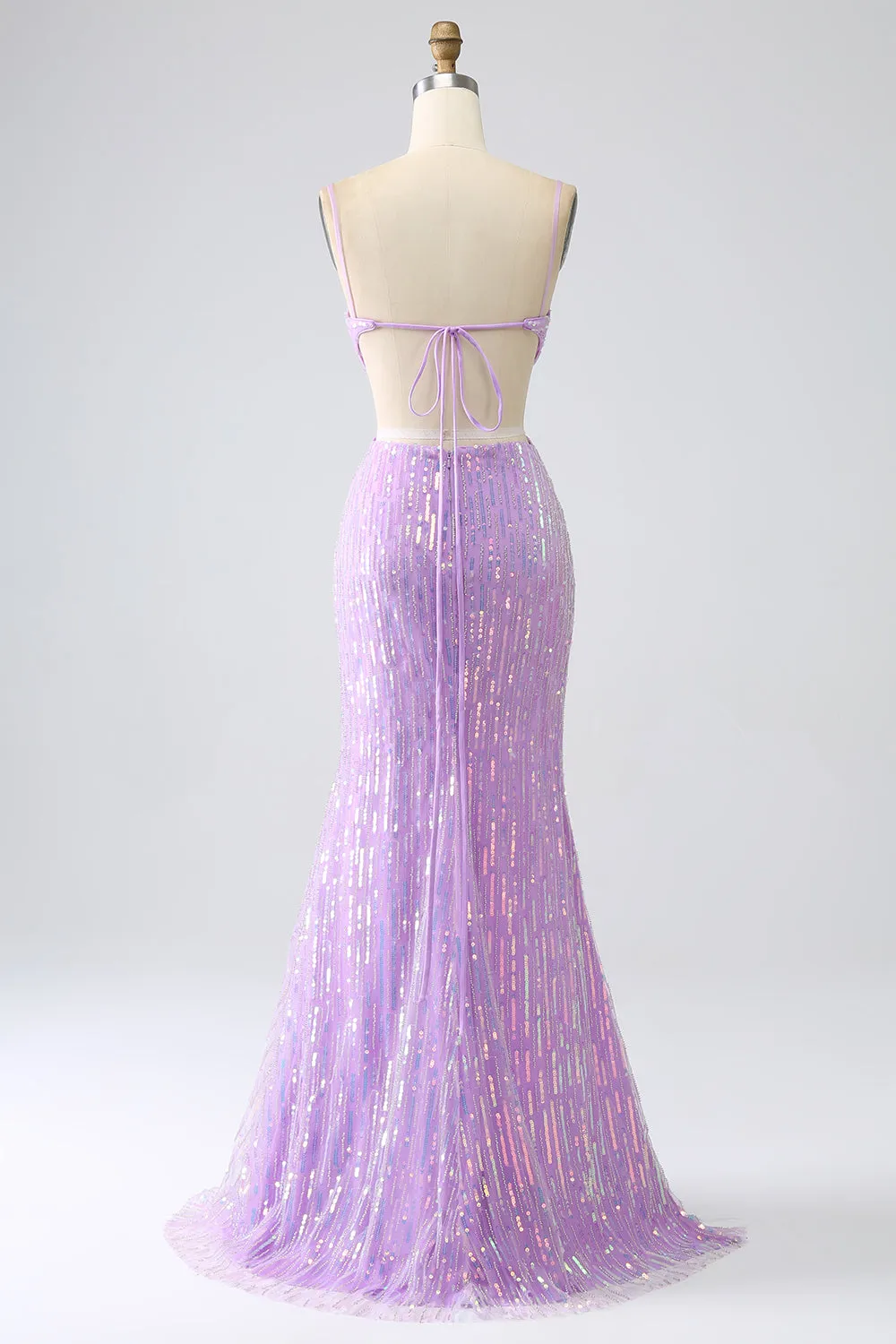 Luolandi Sparkly Purple Mermaid Spaghetti Straps Sequins Prom Dress with Slit Sexy Evening Dresses
