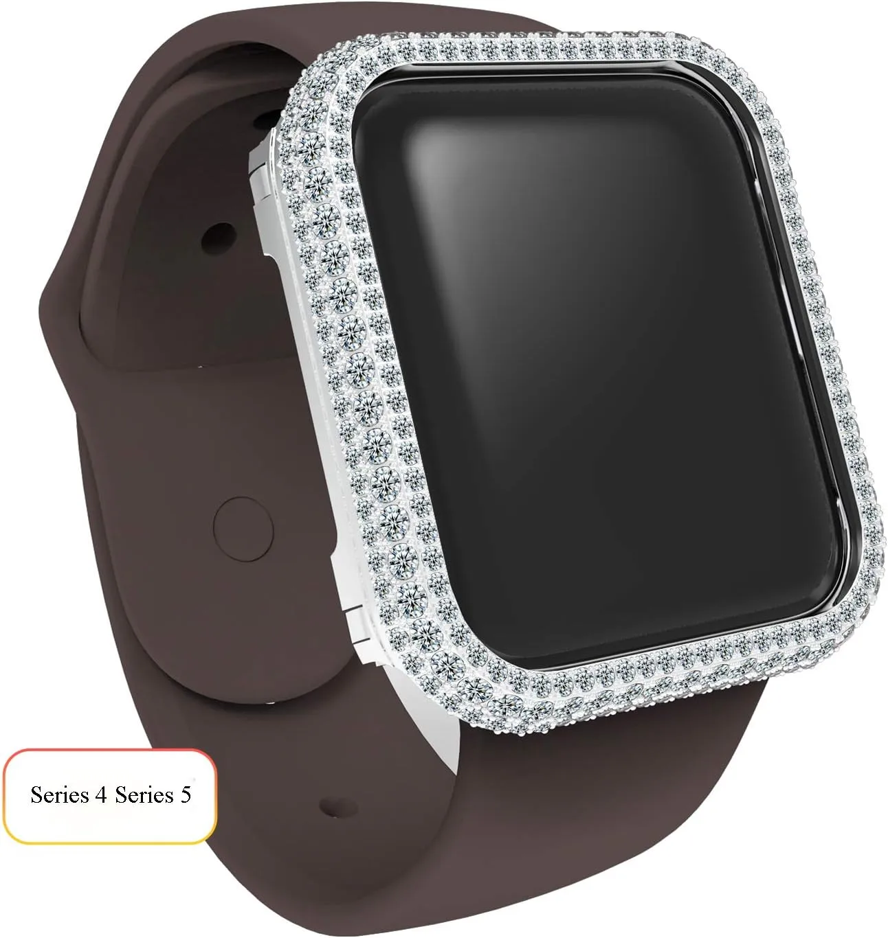 Luxury Full Bling Rhinestone Crystal Diamond Handwork Inlaid Metal Alloy Bezel Frame Case Cover Compatible Apple Watch Series 4 5 6 7 8 9 SE for Men Women (Silver, 45mm)
