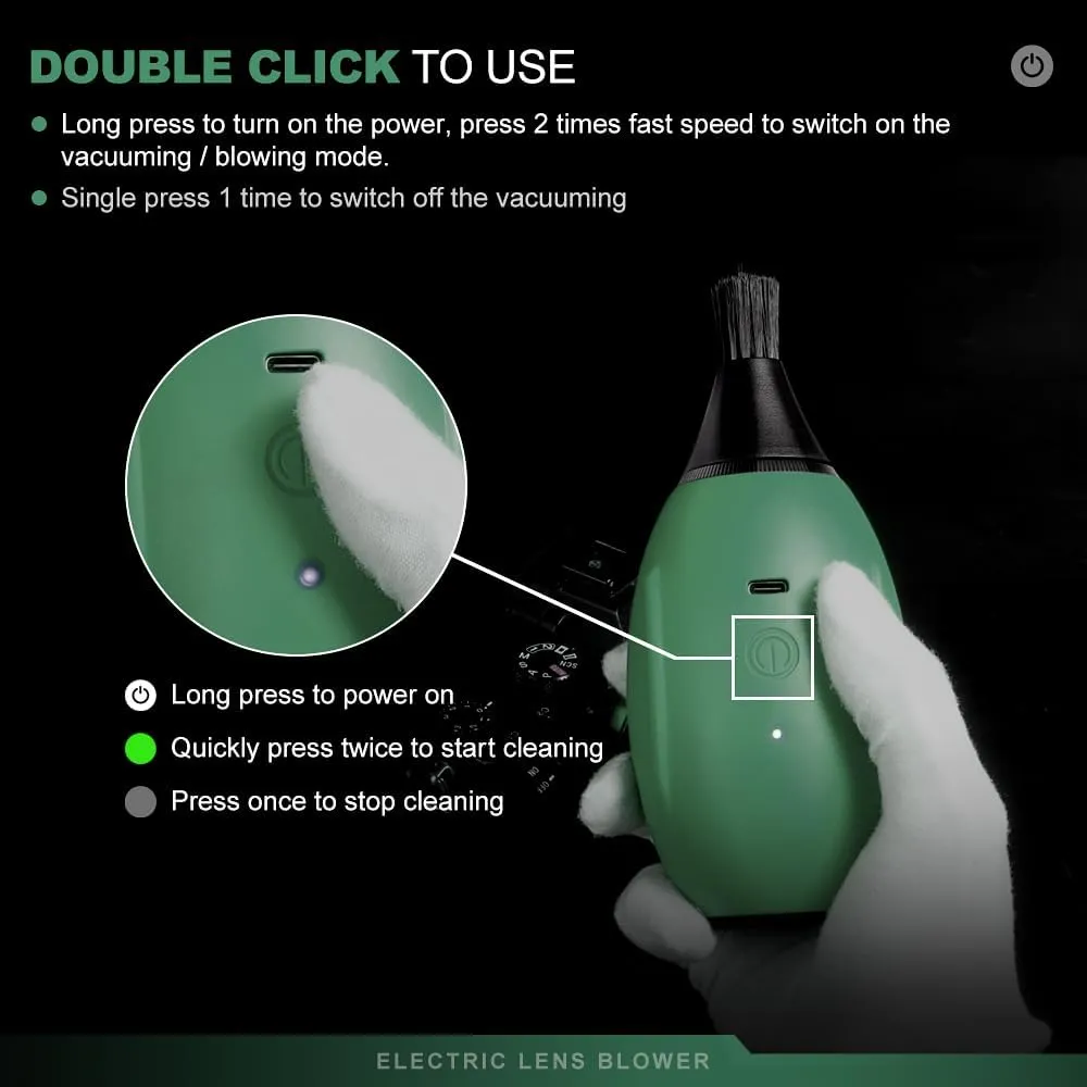 LYNCA Electric Air Blower Kit, with 4 Soft Tip Silicone Replacable Nozzles, Mechanism Dust Blower and Vacuum Cleaner, Professional Air Blaster for Camera Sensor CCD CMOS, Lenses-Green