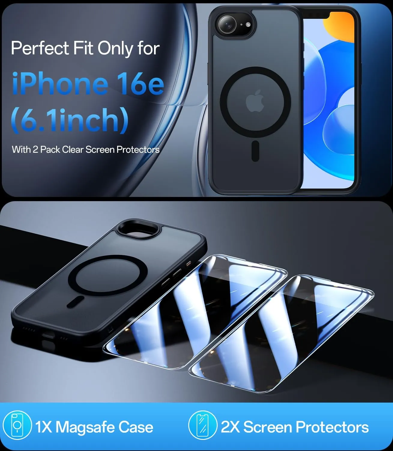 Magnetic Case Designed for iPhone 16e (6.1 inch), [with 2X Clear Screen Protectors][Compatible with MagSafe], Military-Grade Protection, Shockproof Protective Case for iPhone SE 4th (2025), Black