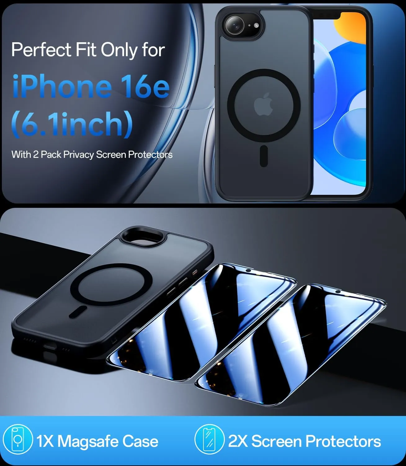 Magnetic Case Designed for iPhone 16e (6.1 inch), [with 2X Privacy Screen Protectors][Compatible with MagSafe], Military-Grade Protection, Shockproof Protective Case for iPhone SE 4th (2025), Black