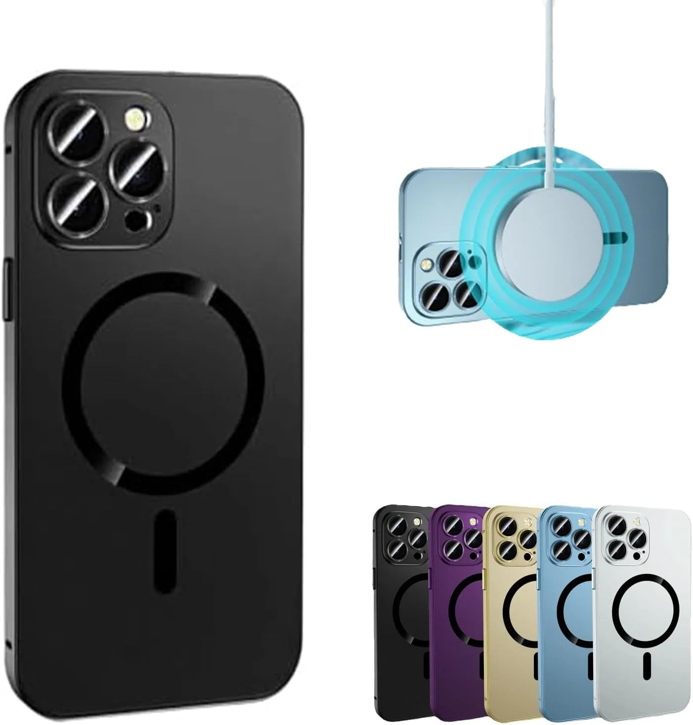 Magnetic Charging Aluminum Metal Bumper Matte Shell for iPhone, Magnetic Charging Anti-Collision Matte Protective case for iPhone 15/14/13/12 Pro Max (Black,13promax)