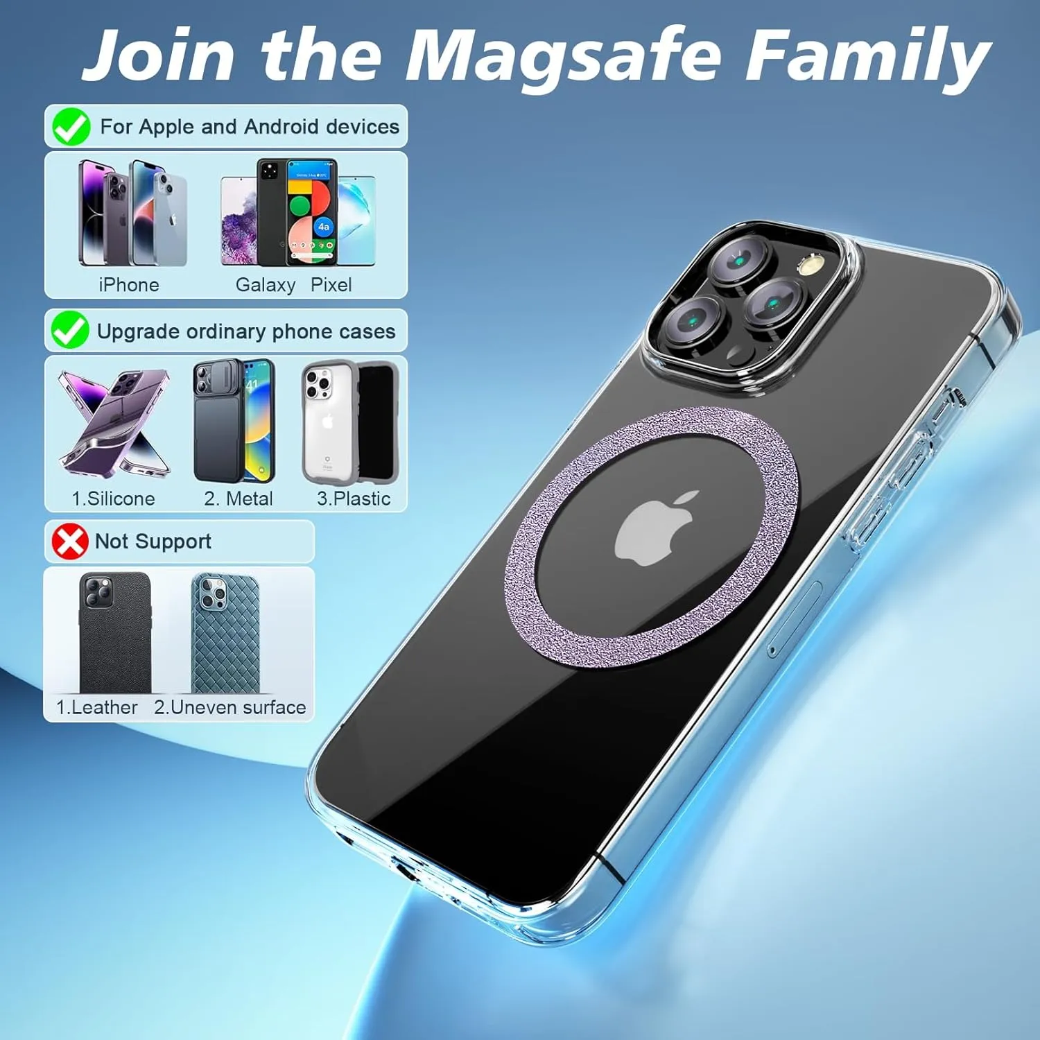 Magnetic Ring,Compatible with MagSafe Stickers,Supports Wireless Charging,Universal Magnetic Conversion Kit,Suitable for iPhone 15/14/13/12/11,Galaxy S23/S22/S21 All Phones-5 Pack(Purple)