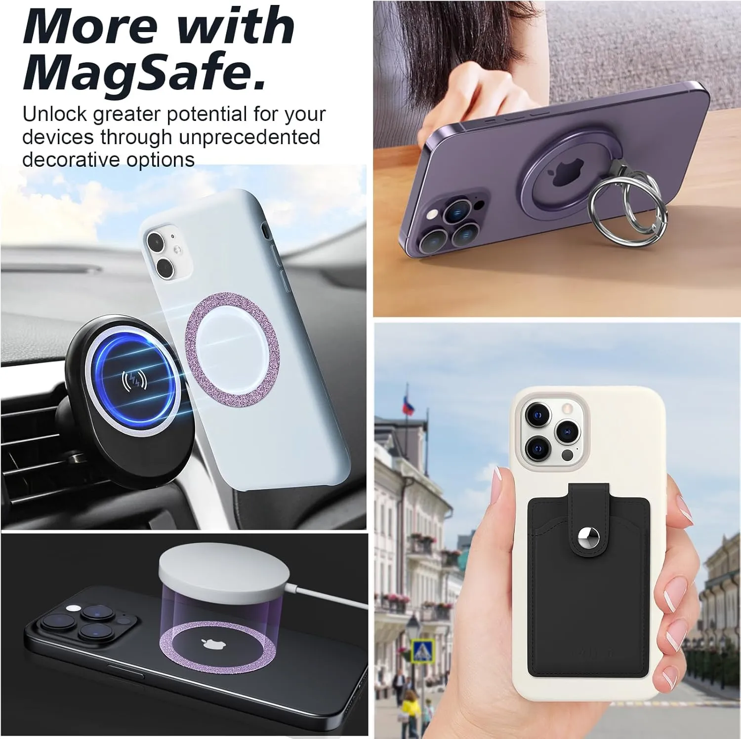Magnetic Ring,Compatible with MagSafe Stickers,Supports Wireless Charging,Universal Magnetic Conversion Kit,Suitable for iPhone 15/14/13/12/11,Galaxy S23/S22/S21 All Phones-5 Pack(Purple)