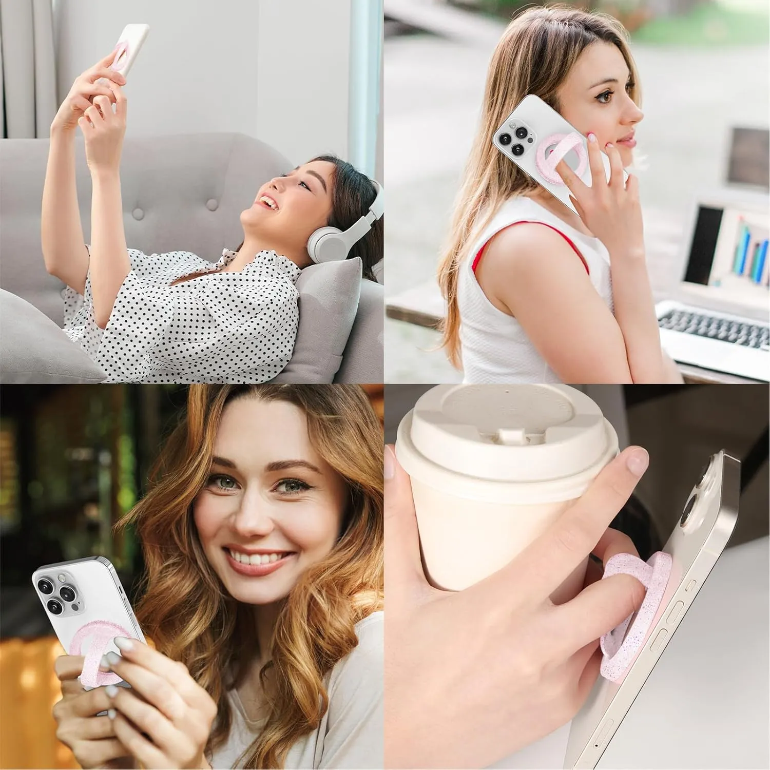 Magnetic Silicone Comfy Ring Grip Phone Holder, Loop Grip Phone Holder,Strong Grip,Comfortable,Easy to Install and Remove,Compatible with Magsafe for iPhone 16/15/14/13/12 Series (Pink Sparkle)