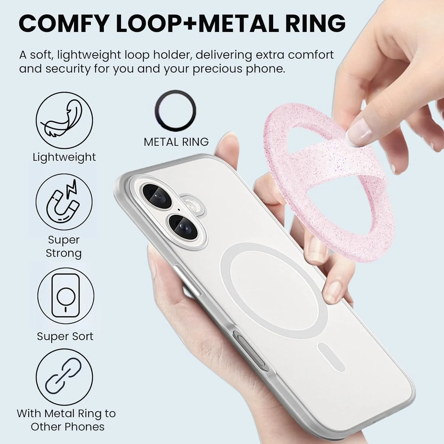 Magnetic Silicone Comfy Ring Grip Phone Holder, Loop Grip Phone Holder,Strong Grip,Comfortable,Easy to Install and Remove,Compatible with Magsafe for iPhone 16/15/14/13/12 Series (Pink Sparkle)