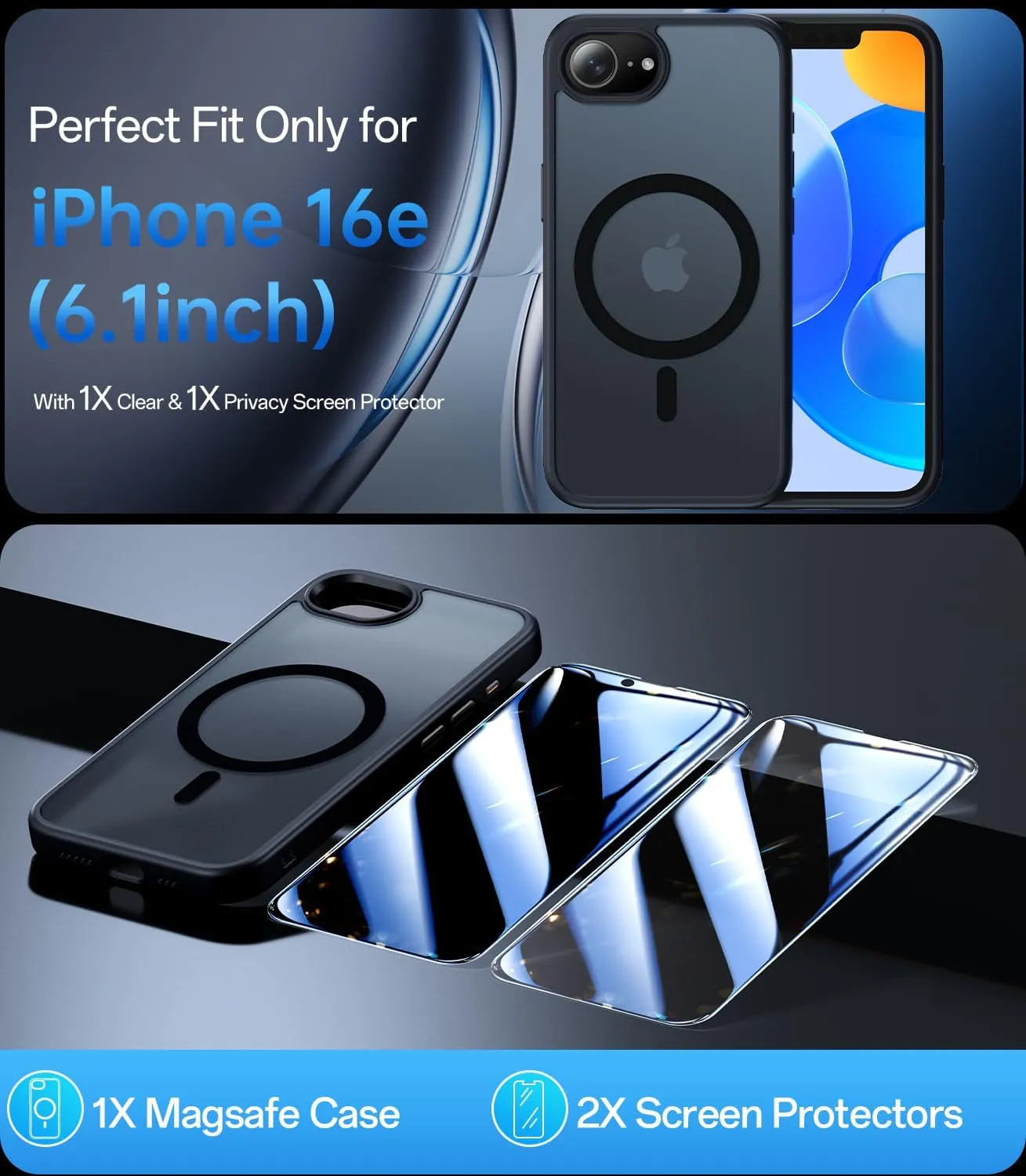 Meifigno Magnetic Case for iPhone 16e (6.1 inch), [with 1X Privacy  1X Clear Screen Protectors][Compatible with MagSafe], Military-Grade Protection, Shockproof Protective Case for iPhone SE4, Black