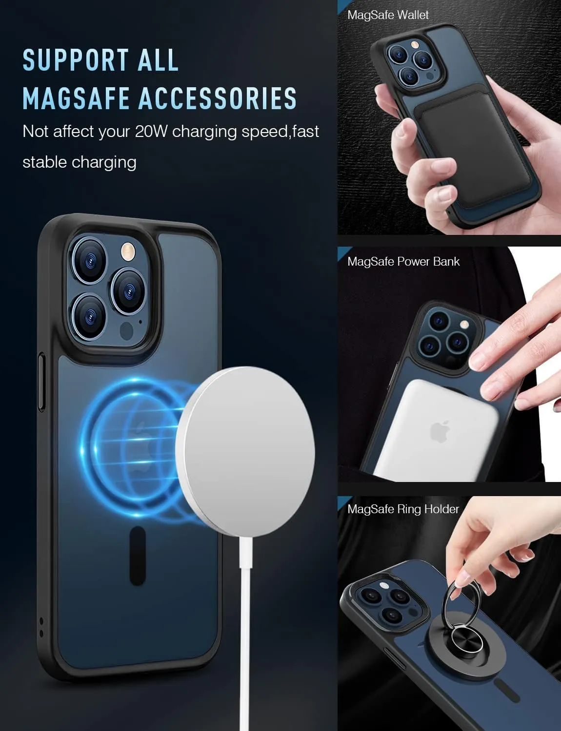 Mgnaooi Magnetic Case for iPhone 12 Pro Max Case [MIL-Grade Drop Tested & Compatible with MagSafe] Translucent Matte Back with Aluminum Alloy Keys, Shockproof Phone 12 Pro Max Case 6.7 Inch, Black