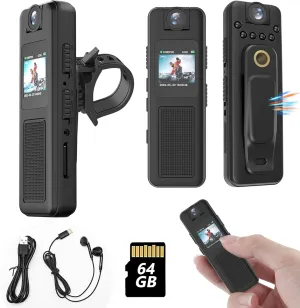Mini Body Camera 64GB with Audio and Video, Magnetic Lanyard Clip, Night Vision, Loop Recording, Wearable Back Clip for Cycling, Law Enforcement, Security, Travel (Basic)