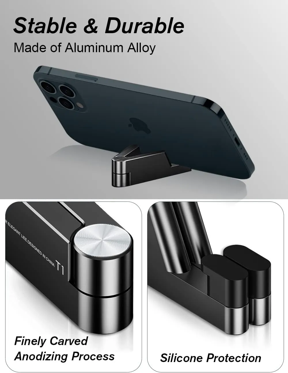MONEER Cell Phone Stand, Phone Stand for Desk, Foldable & Portable iPhone Stand, Cell Phone Holder Desk Compatible with All Mobile Phone, iPhone, iPad Mini, Tablet 4-10.5" (Black)