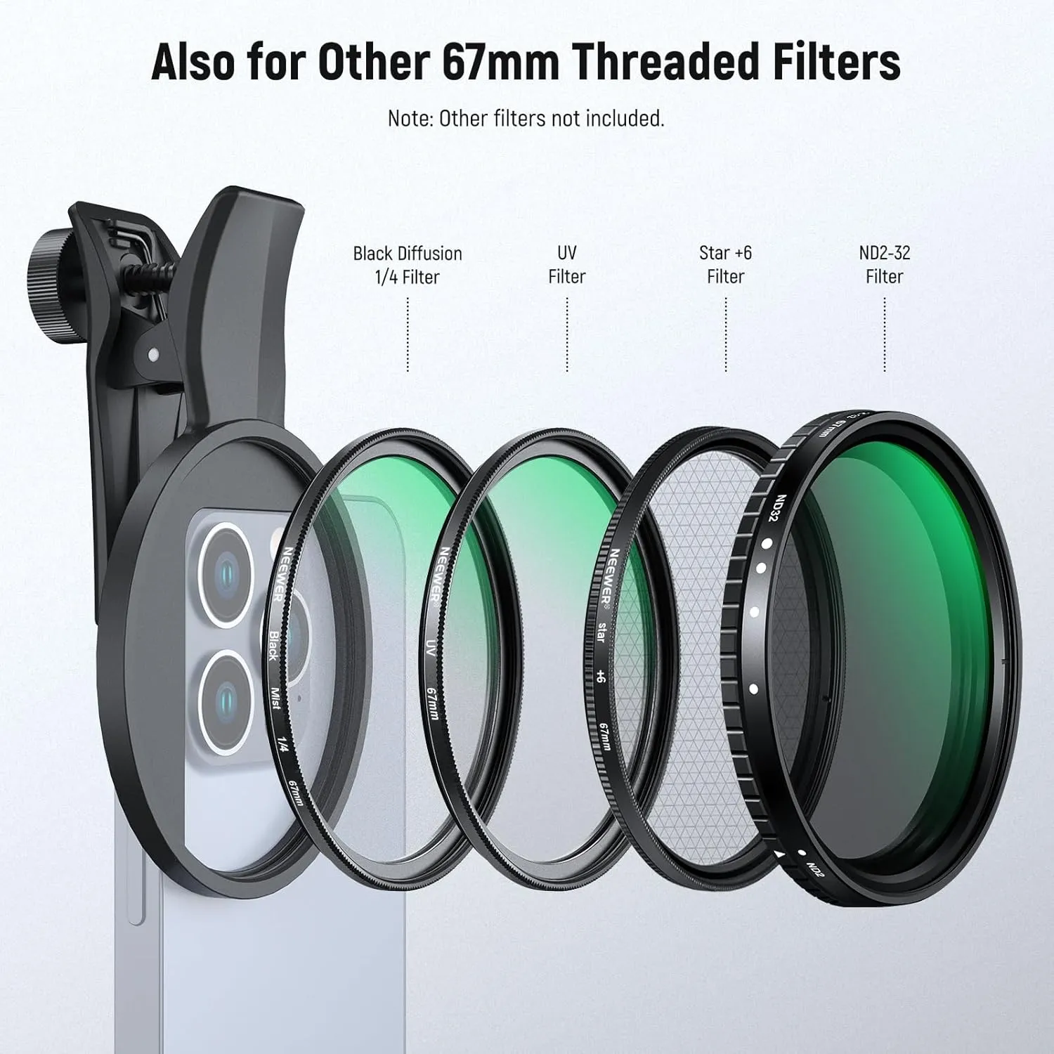 NEEWER 67mm Clip On CPL Filter Compatible with iPhone, Circular Polarizing Phone Camera Lens Photography Accessories Kit Polarizer Compatible with iPhone 16 15 Pro Max Plus 16e 14 13 mini 12, FL-B23