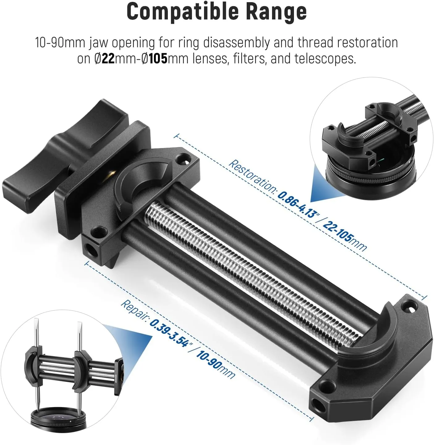 NEEWER Camera Lens Vise Tool Kit with Flat & Pointed Tips, All Metal Lens Repair Thread Restoration Spanner Set with 10-90mm Precise Adjustable Jaw Opening for 22-105mm Lens Filters Telescopes, HW-27