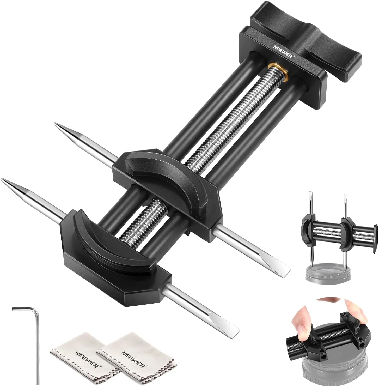 NEEWER Camera Lens Vise Tool Kit with Flat & Pointed Tips, All Metal Lens Repair Thread Restoration Spanner Set with 10-90mm Precise Adjustable Jaw Opening for 22-105mm Lens Filters Telescopes, HW-27
