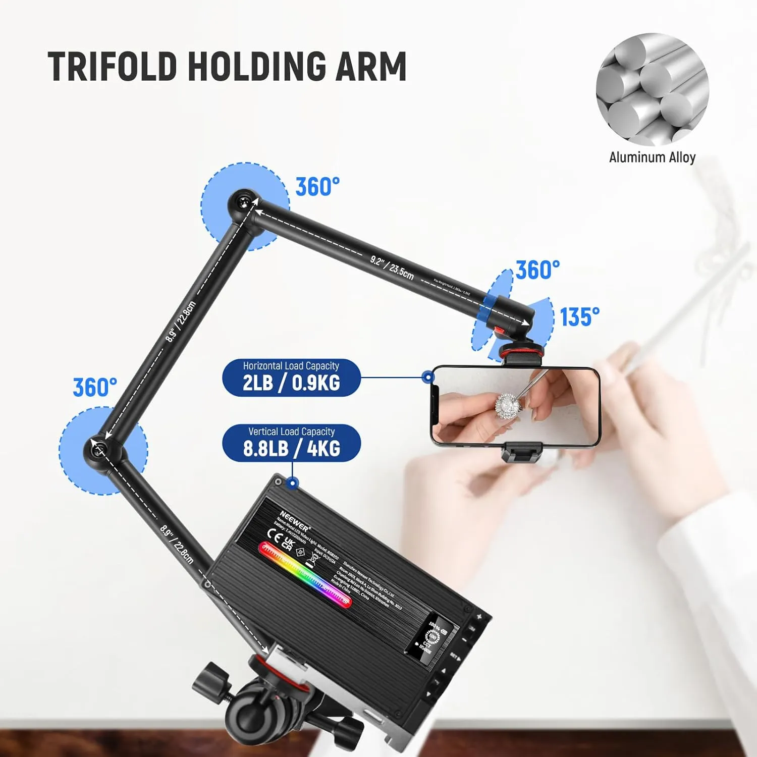 NEEWER Upgraded Overhead Camera Rig with Trifold Camera Boom Arm (Max Load 2lb), 47"/1.2m Telescopic Desk Mount Stand (Max Load 8.8lb) with Phone Clamp Ball Head for LED Light Webcam Mic, TL253A MH022