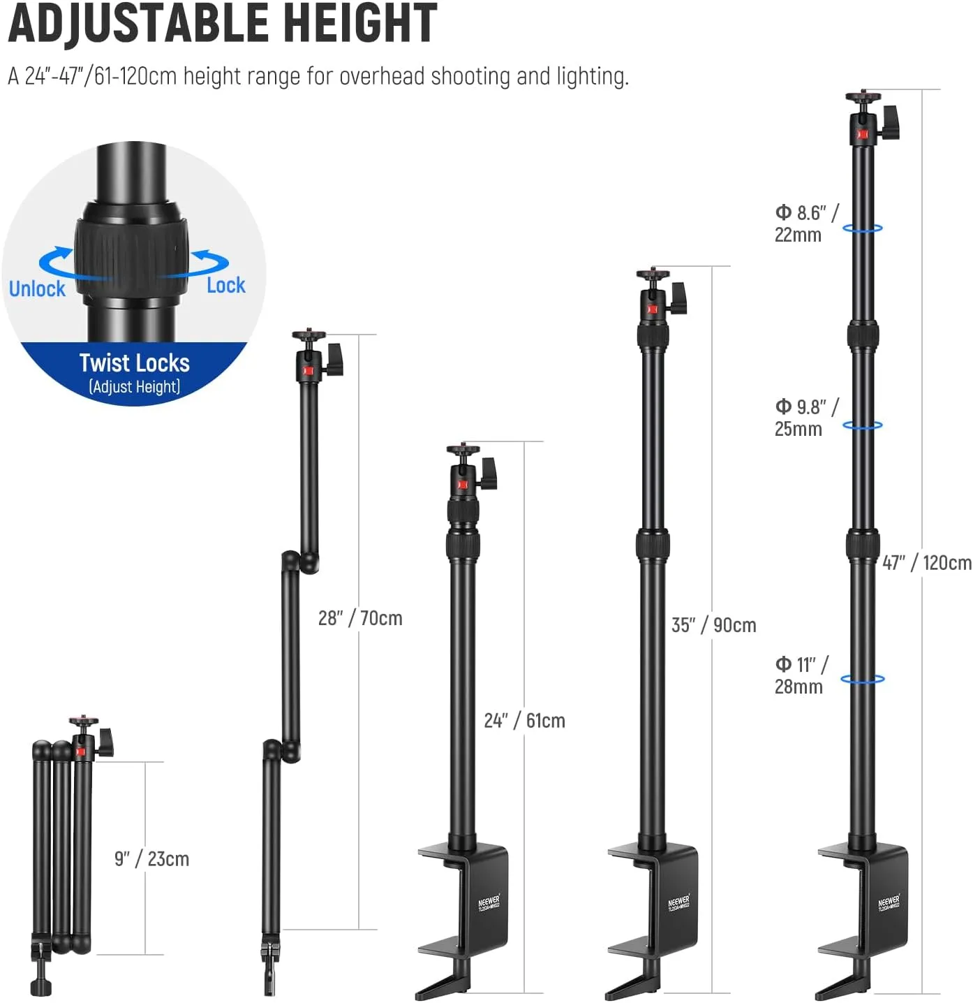 NEEWER Upgraded Overhead Camera Rig with Trifold Camera Boom Arm (Max Load 2lb), 47"/1.2m Telescopic Desk Mount Stand (Max Load 8.8lb) with Phone Clamp Ball Head for LED Light Webcam Mic, TL253A MH022