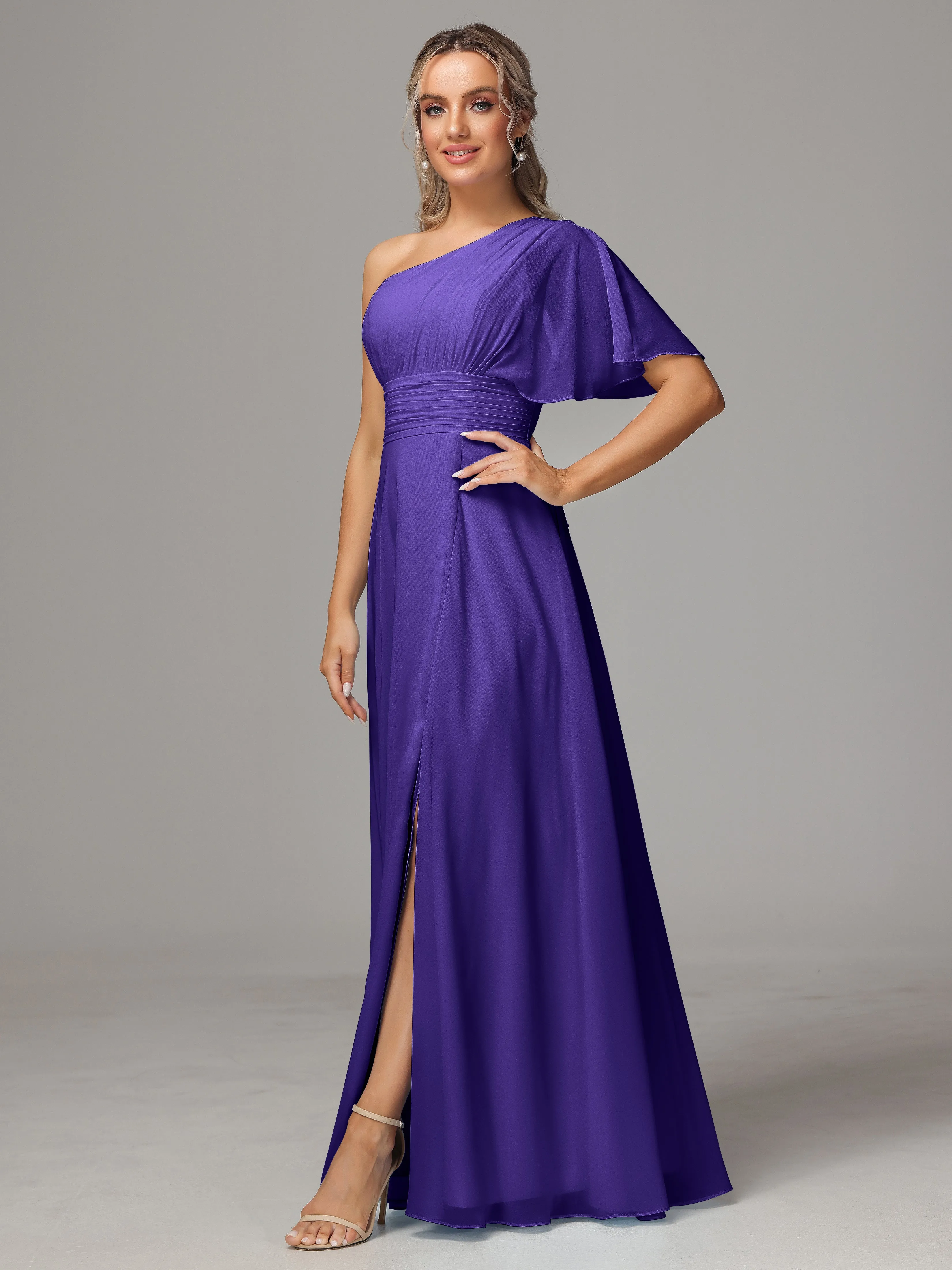 One Shoulder Chiffon Bridesmaid Dresses With Slit