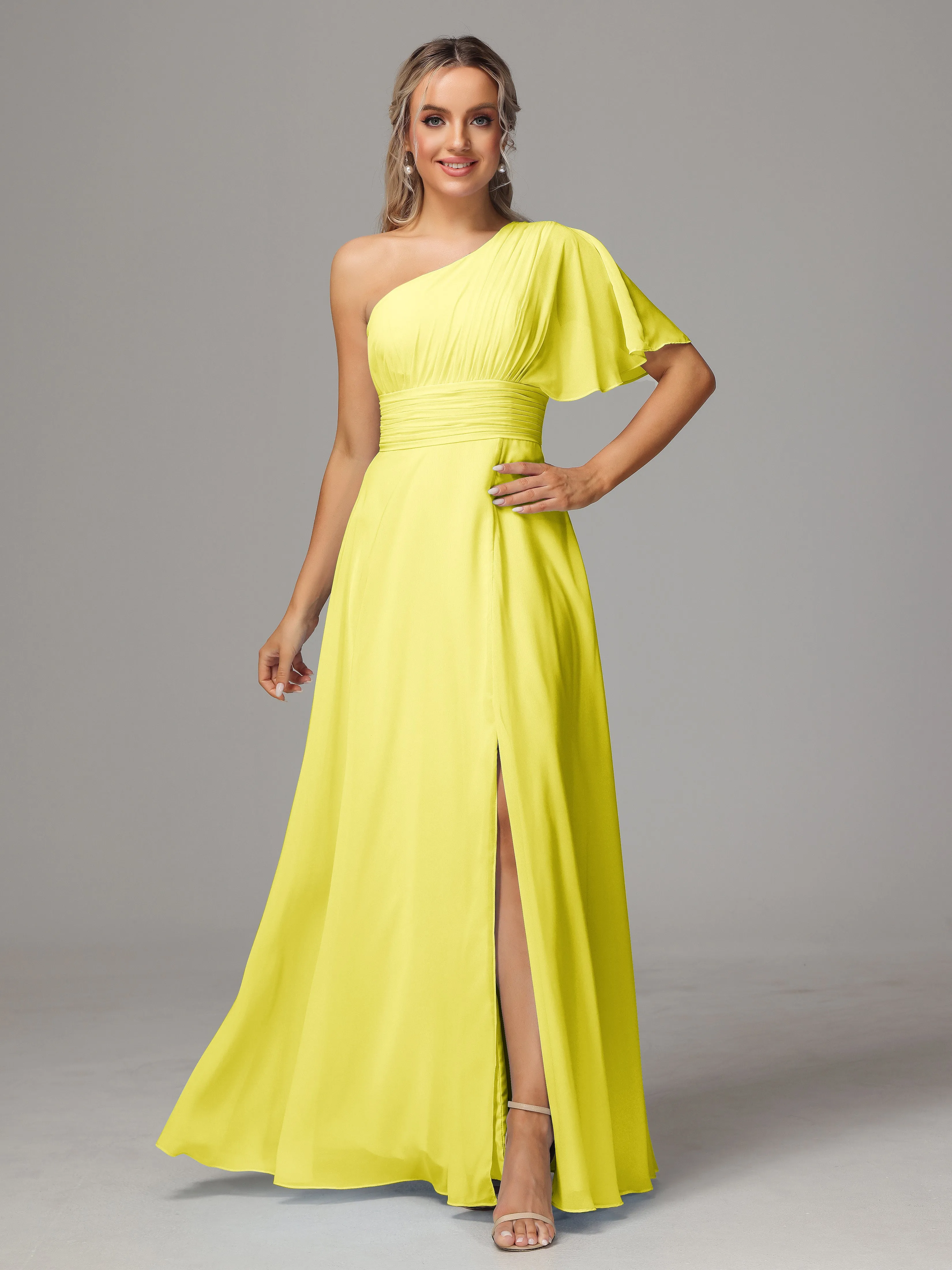 One Shoulder Chiffon Bridesmaid Dresses With Slit