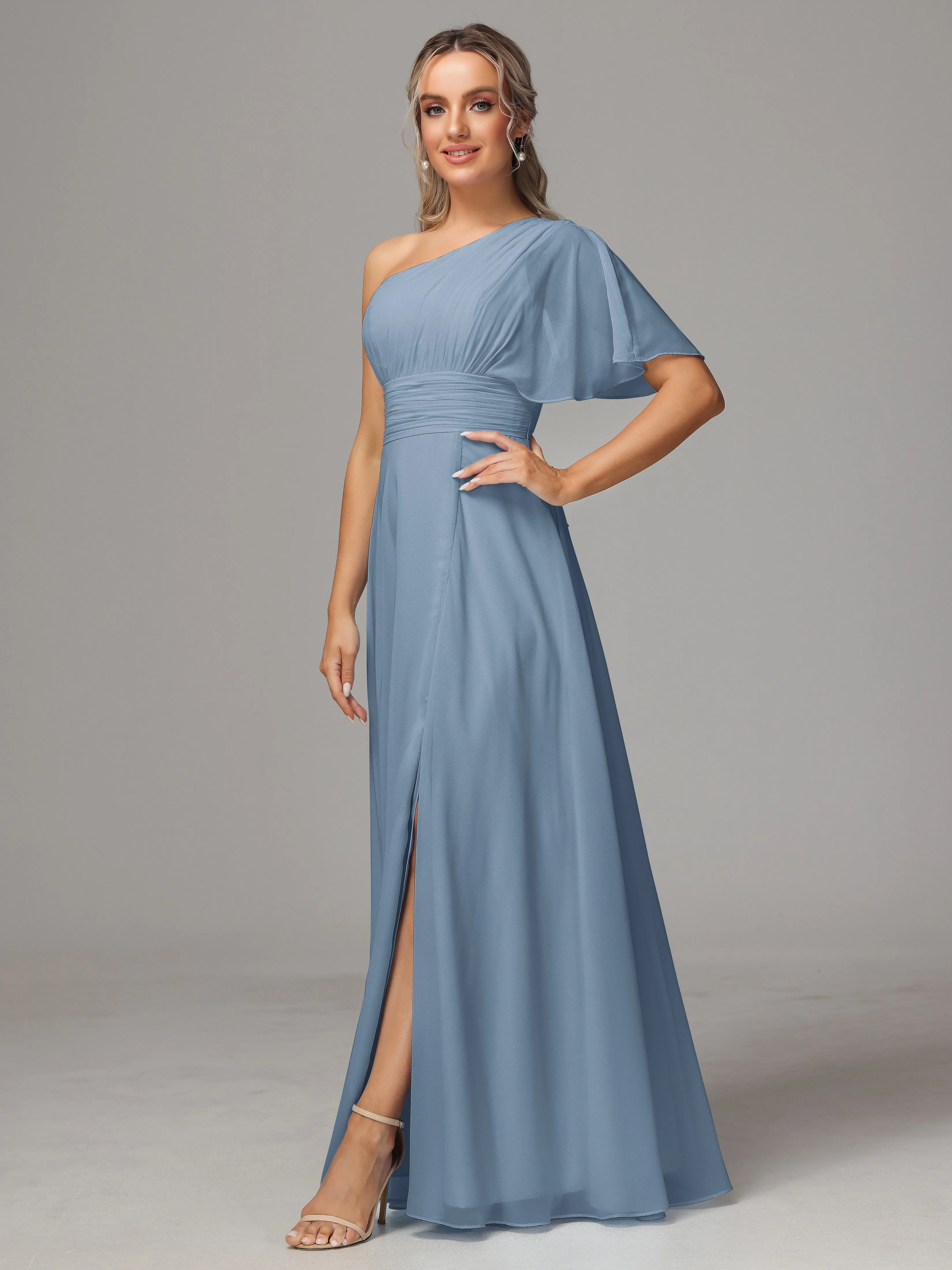 One Shoulder Chiffon Bridesmaid Dresses With Slit