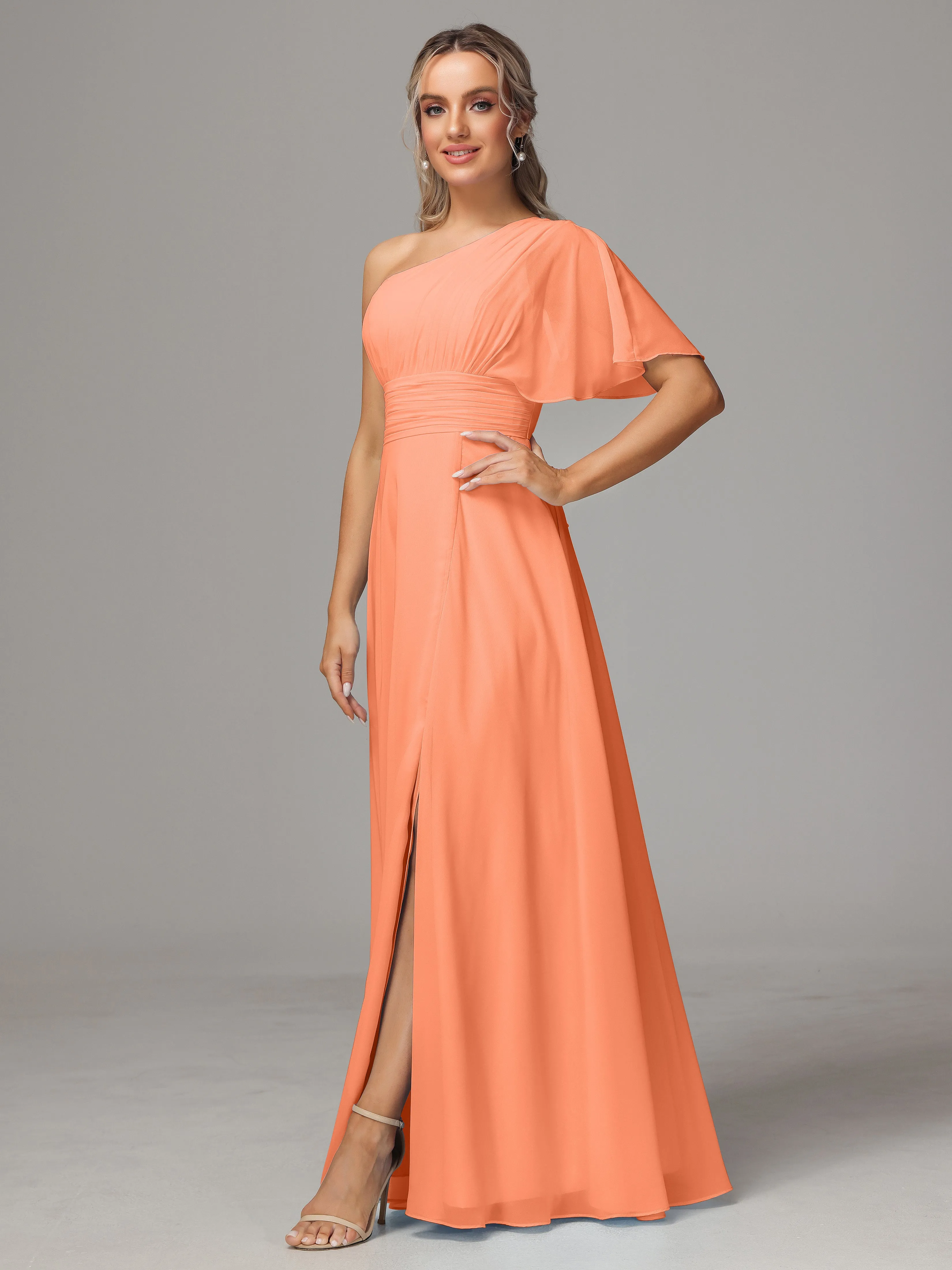 One Shoulder Chiffon Bridesmaid Dresses With Slit