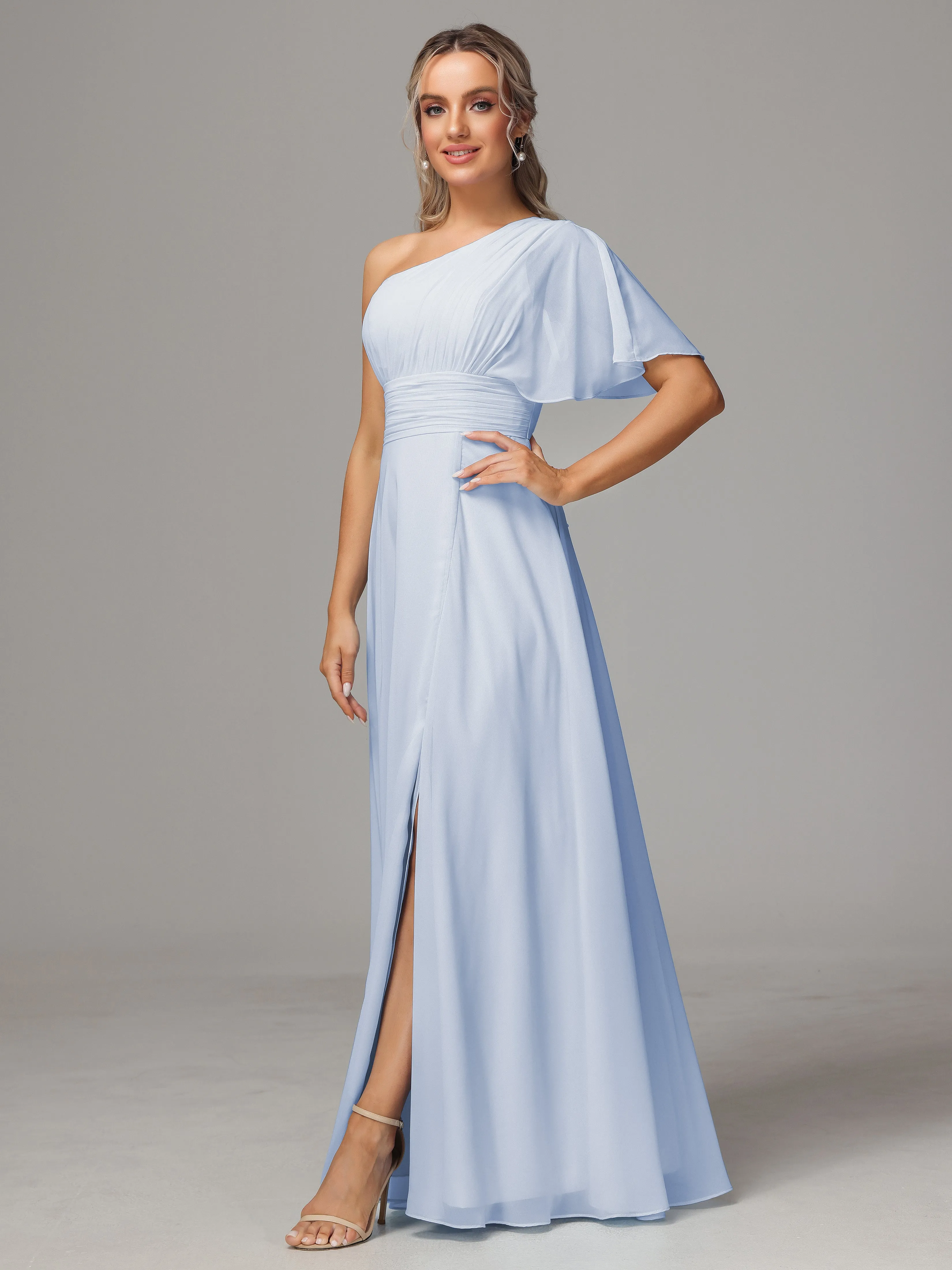 One Shoulder Chiffon Bridesmaid Dresses With Slit