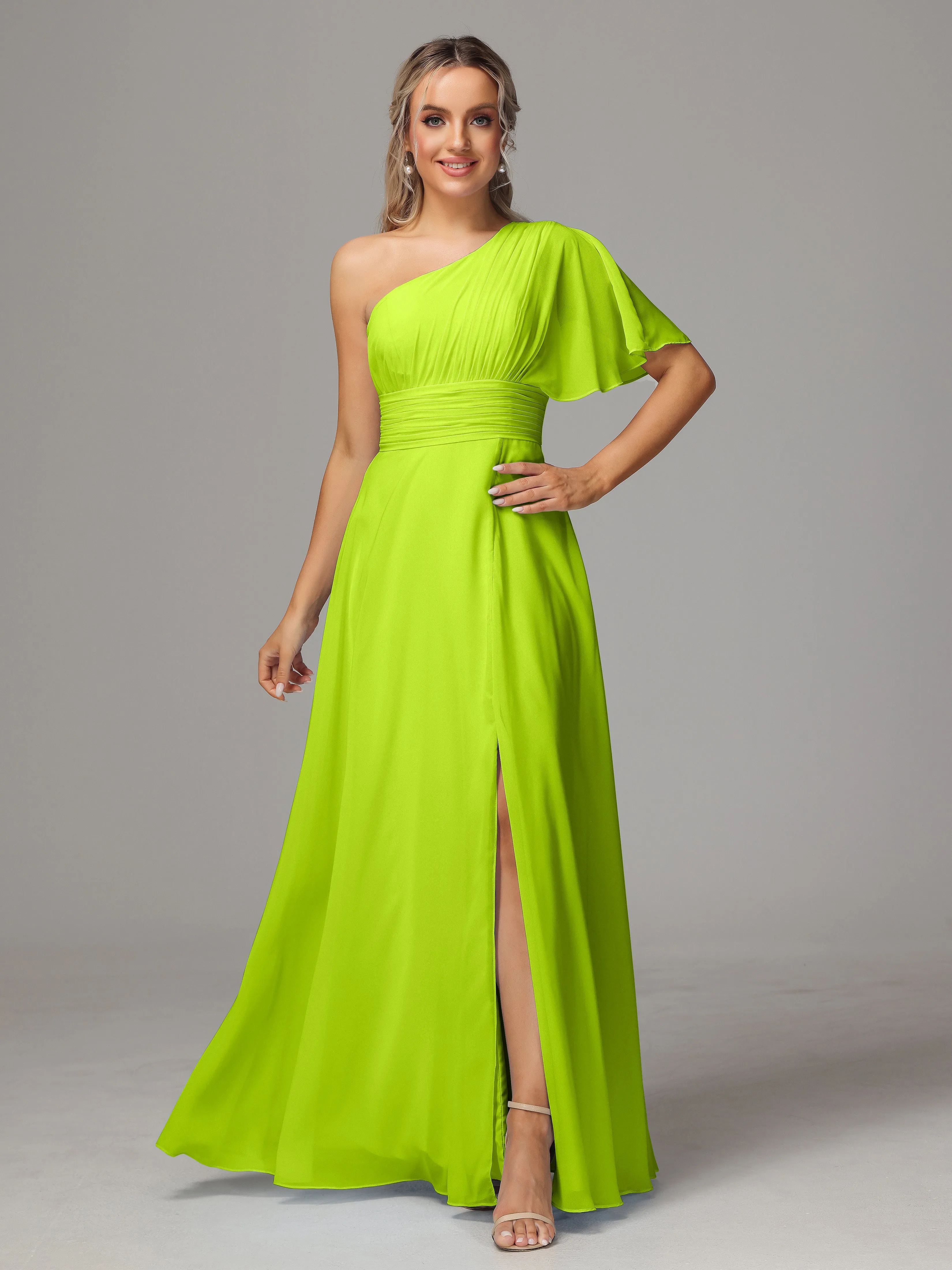 One Shoulder Chiffon Bridesmaid Dresses With Slit