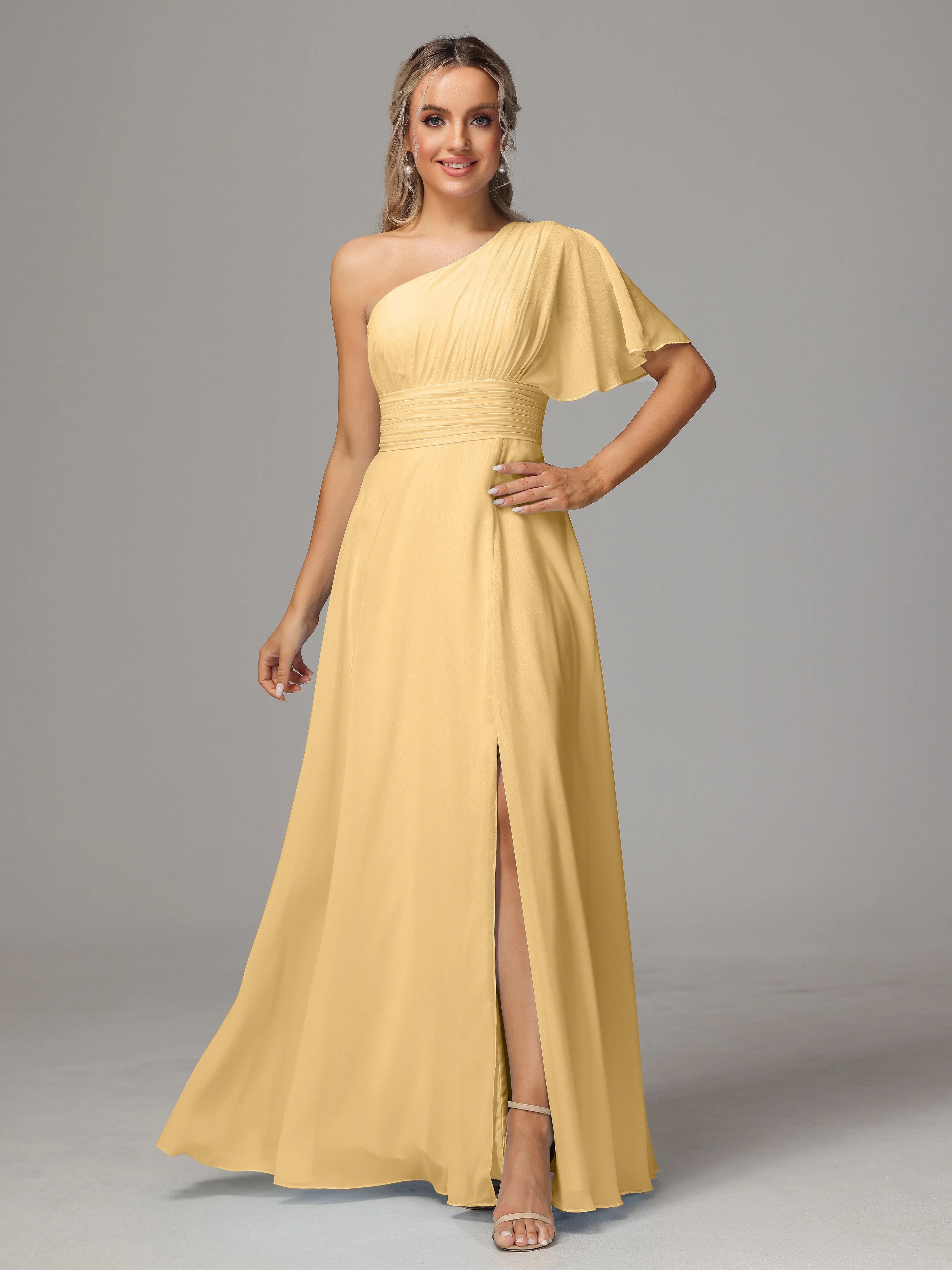 One Shoulder Chiffon Bridesmaid Dresses With Slit