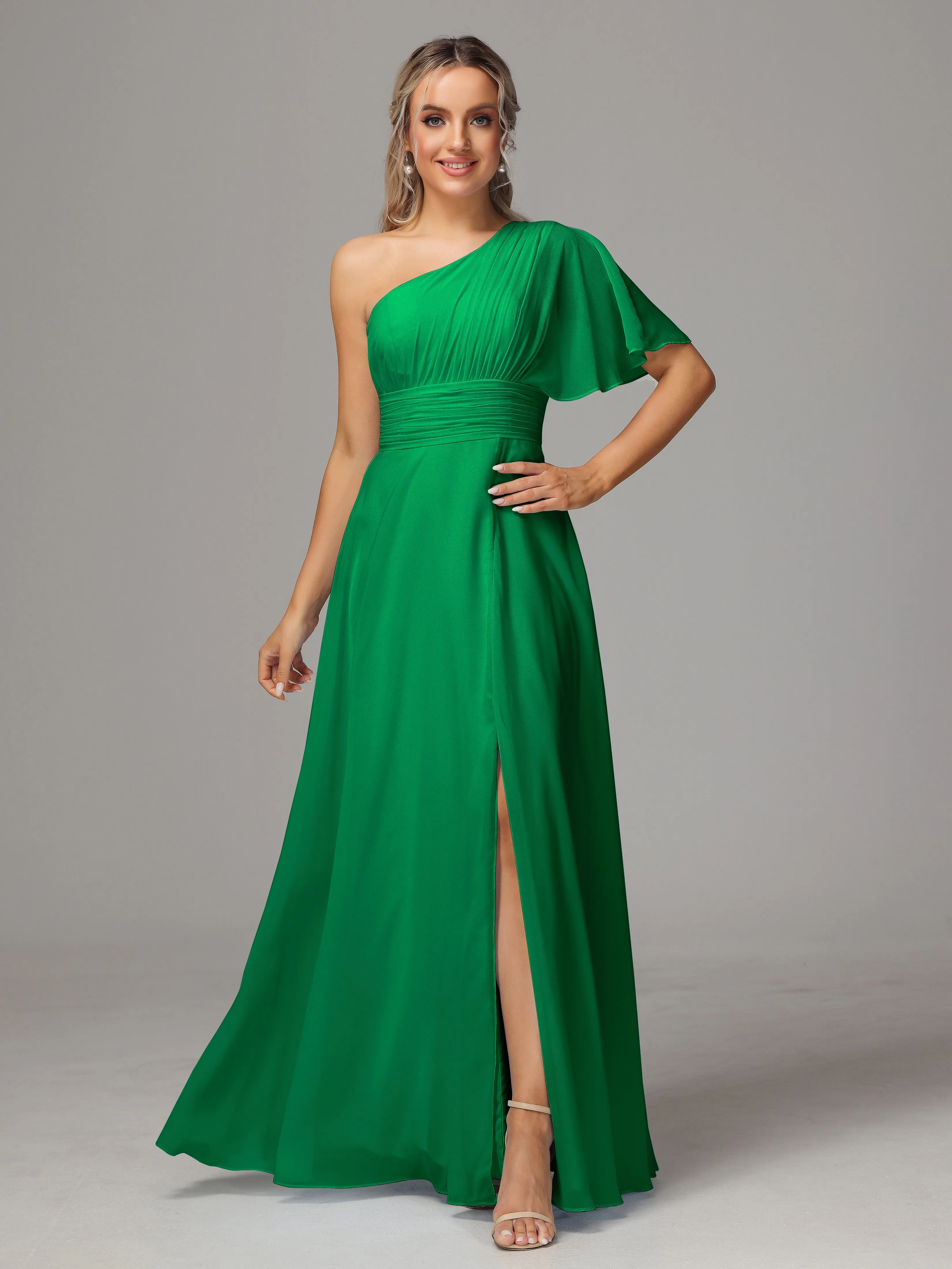 One Shoulder Chiffon Bridesmaid Dresses With Slit