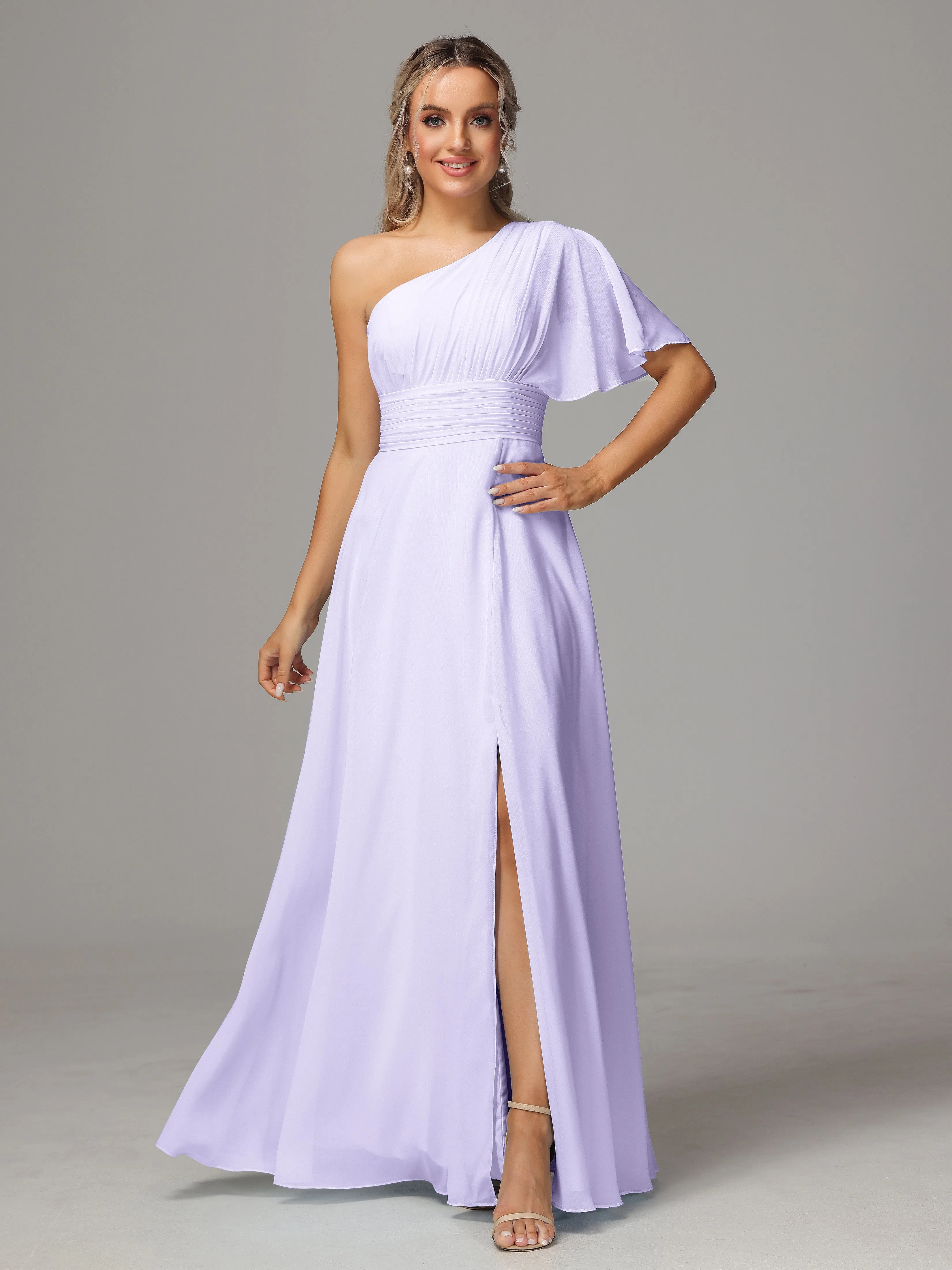 One Shoulder Chiffon Bridesmaid Dresses With Slit