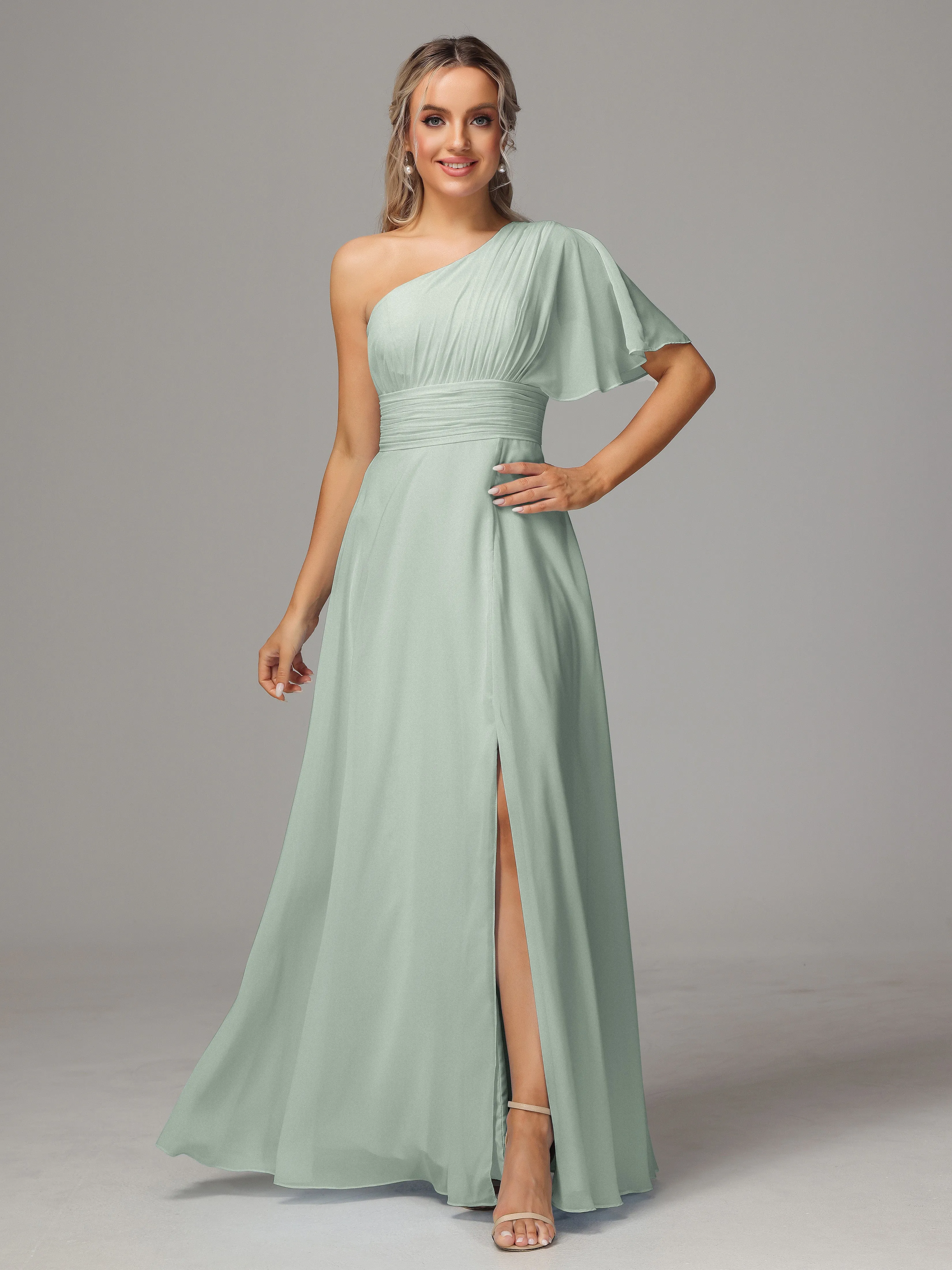 One Shoulder Chiffon Bridesmaid Dresses With Slit