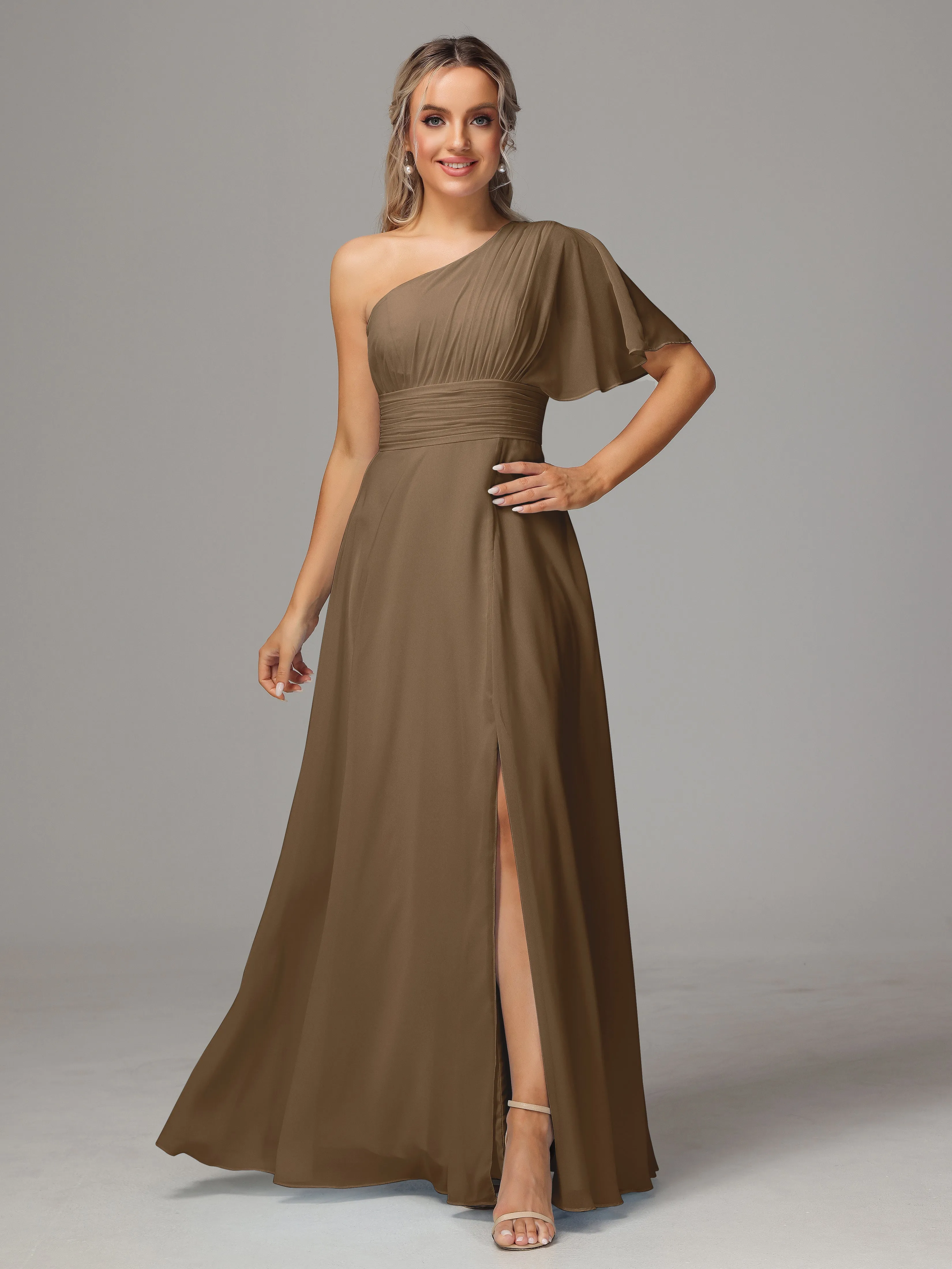 One Shoulder Chiffon Bridesmaid Dresses With Slit