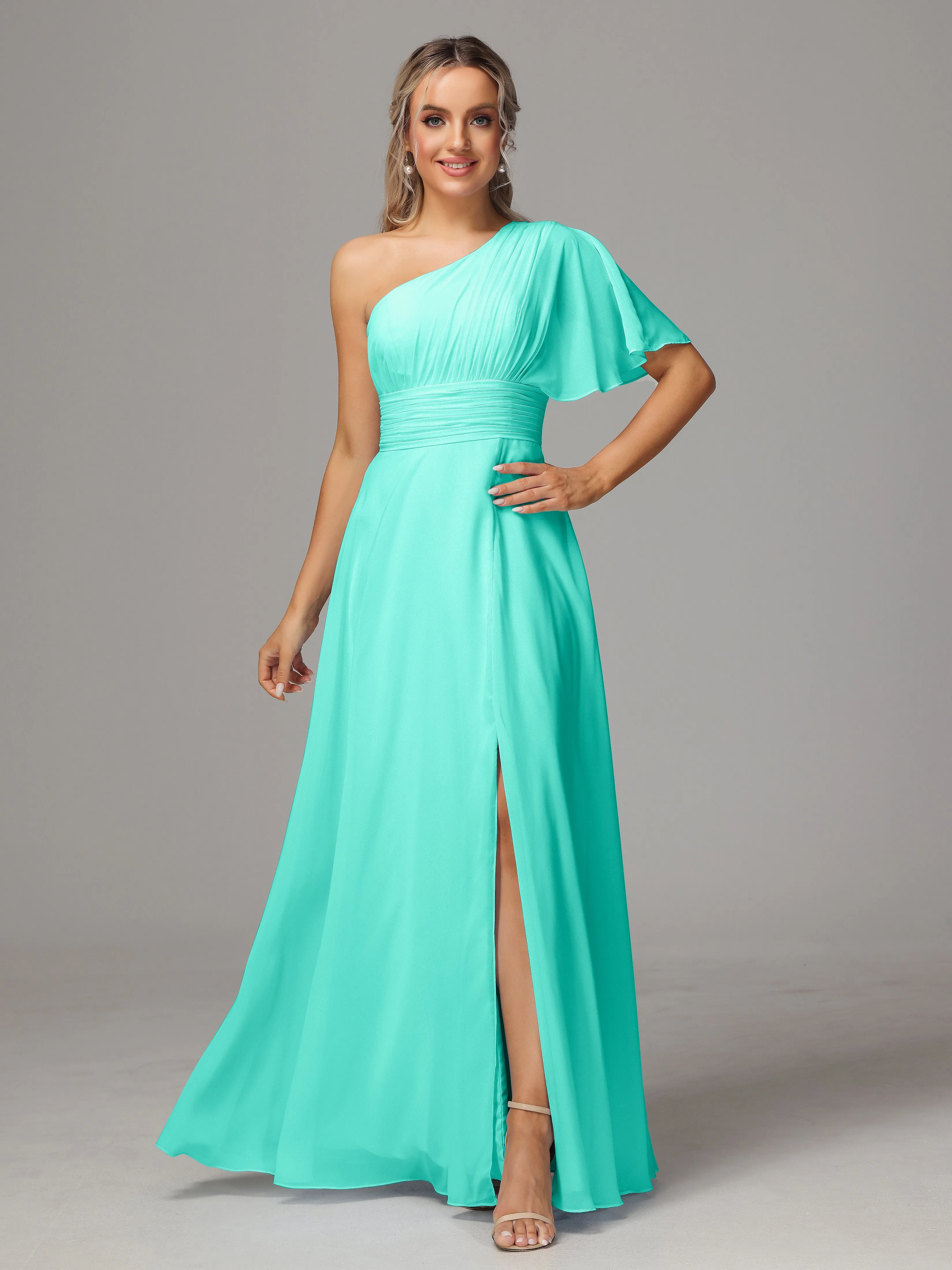 One Shoulder Chiffon Bridesmaid Dresses With Slit