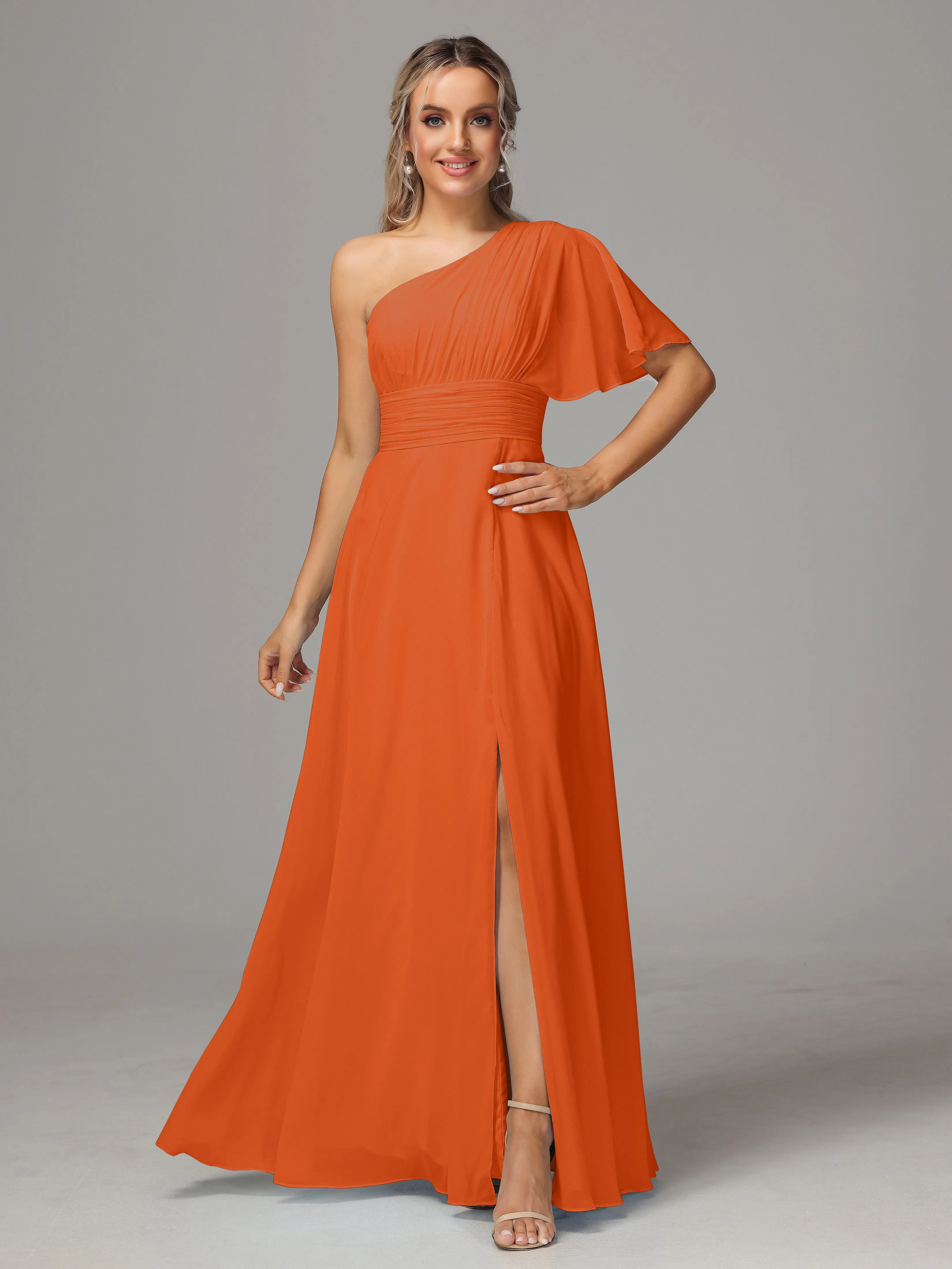 One Shoulder Chiffon Bridesmaid Dresses With Slit