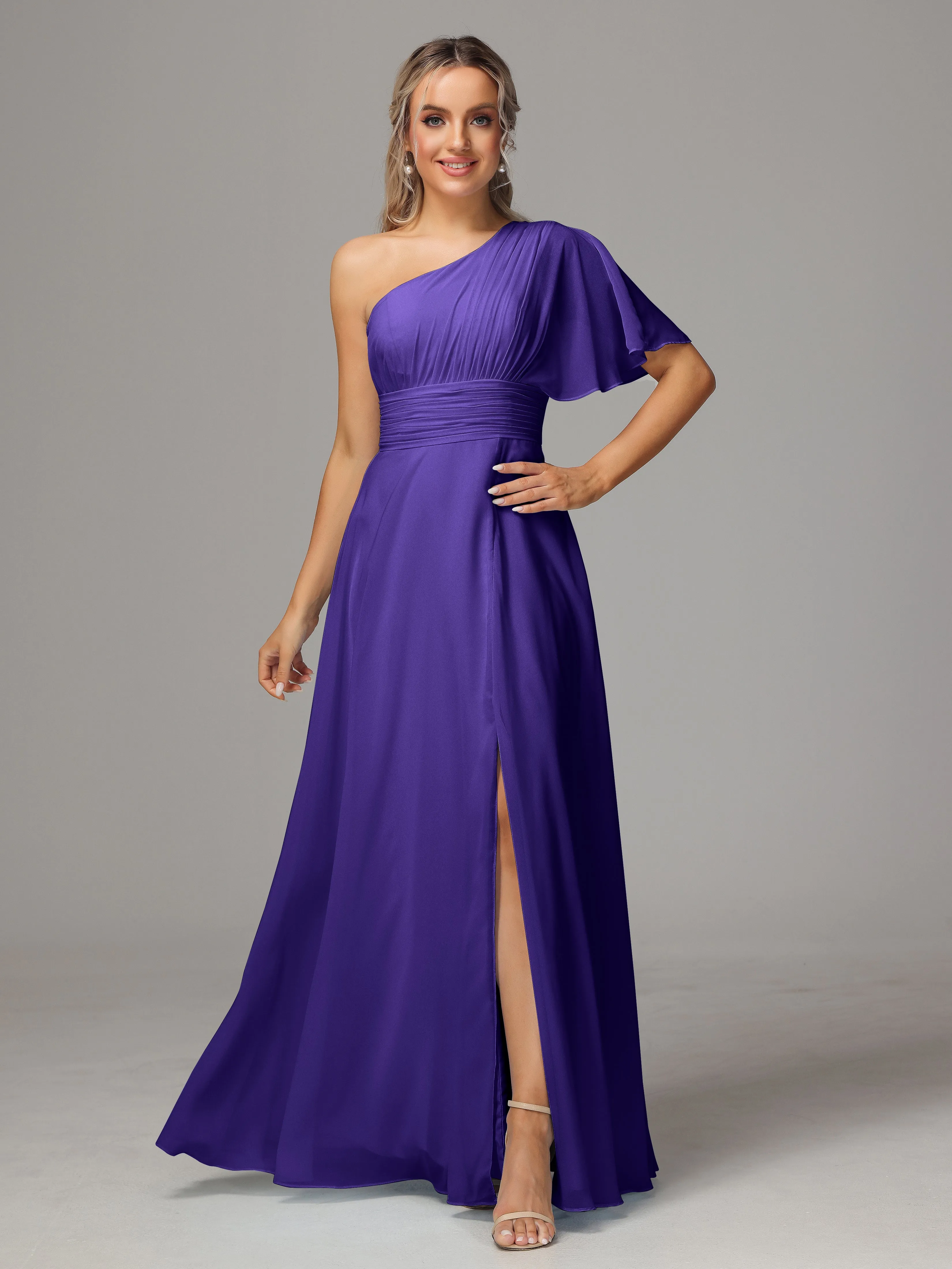 One Shoulder Chiffon Bridesmaid Dresses With Slit